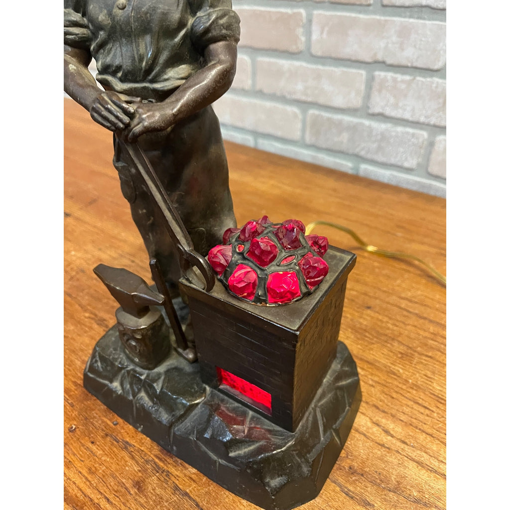 Antique German Spelter Blacksmith Figural Electric Lamp Glowing Forge c.1910
