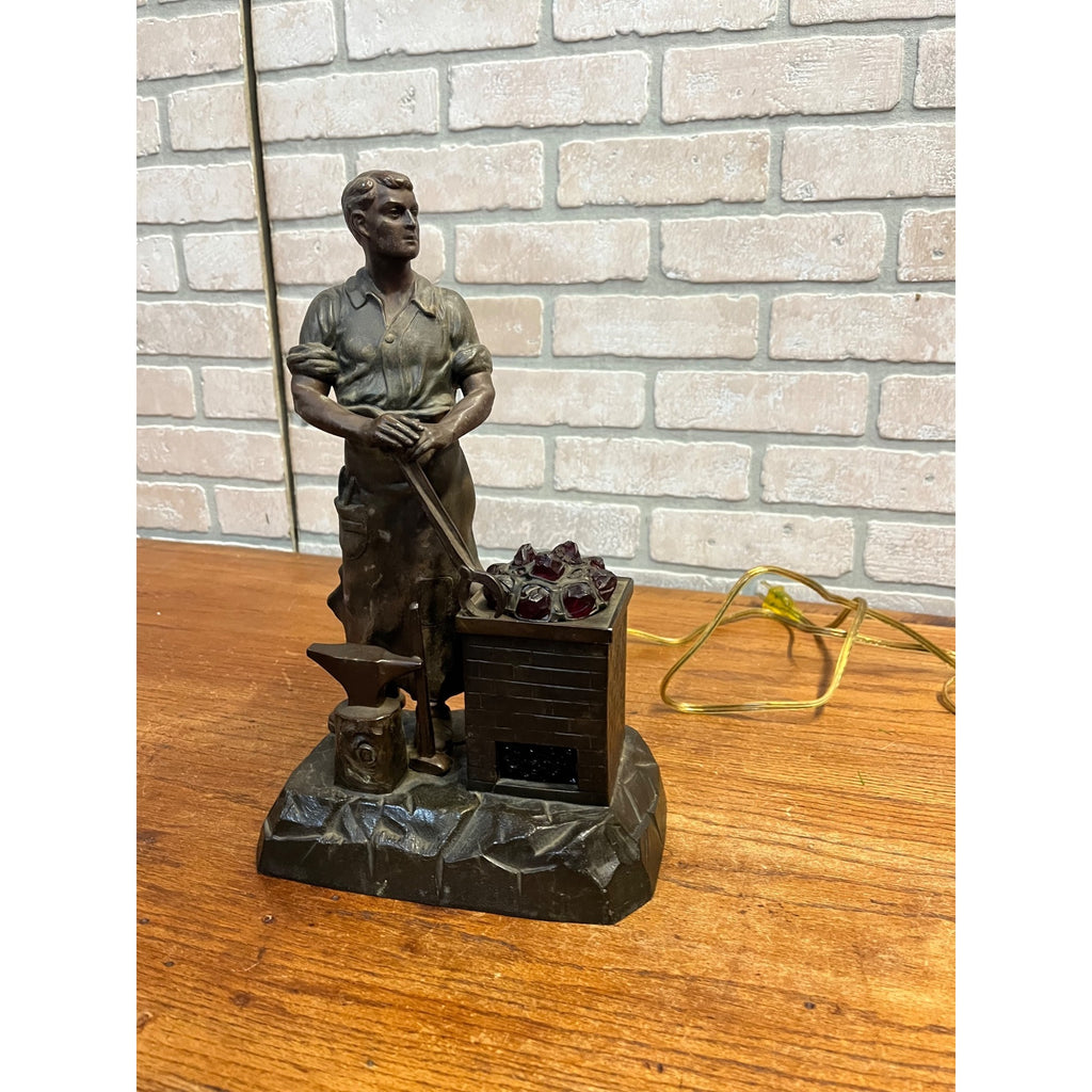 Antique German Spelter Blacksmith Figural Electric Lamp Glowing Forge c.1910