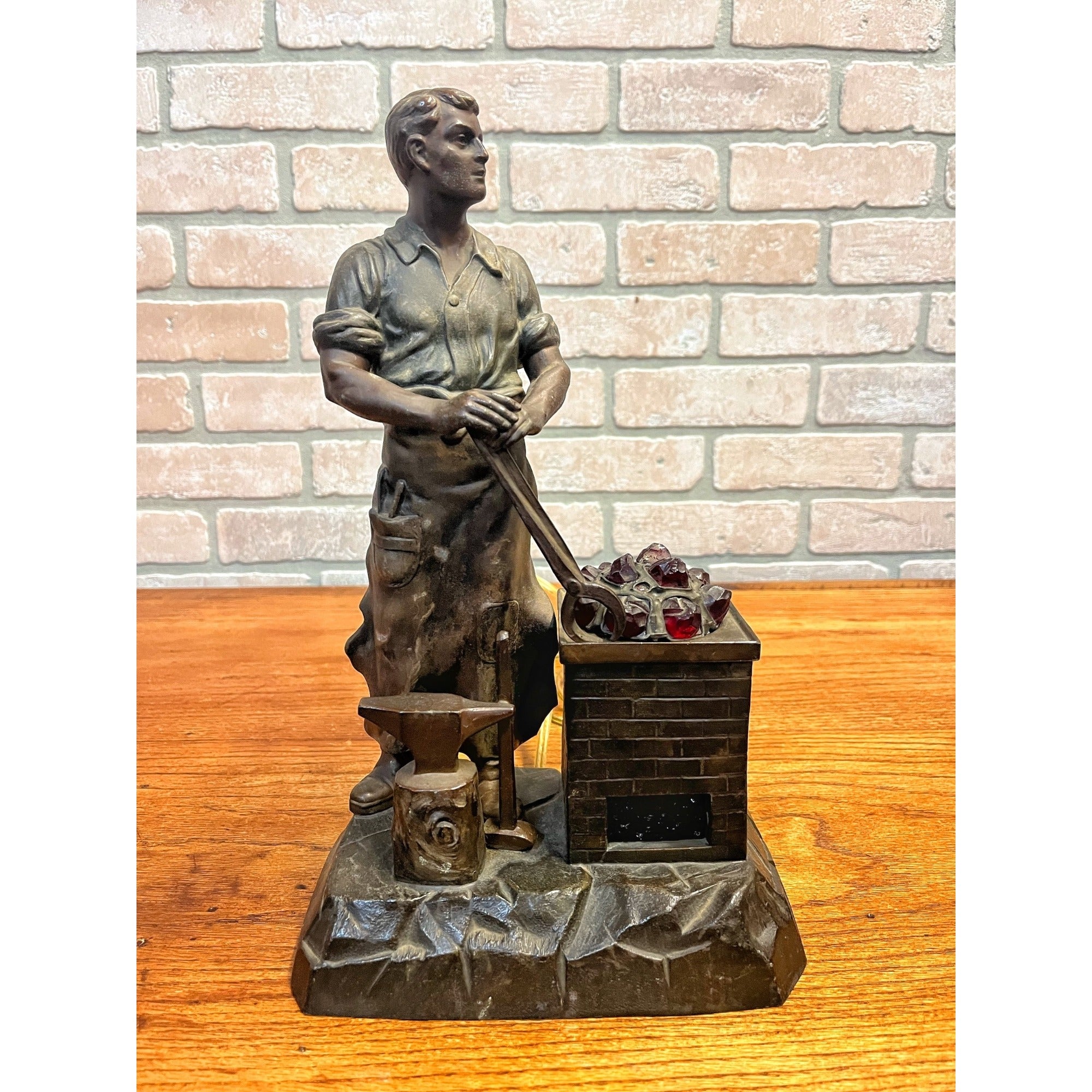 Antique German Spelter Blacksmith Figural Electric Lamp Glowing Forge c.1910