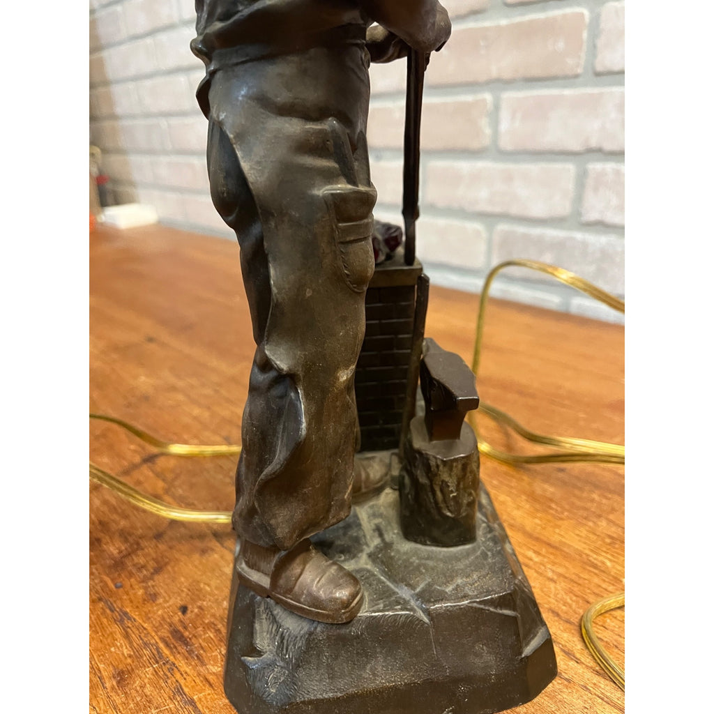 Antique German Spelter Blacksmith Figural Electric Lamp Glowing Forge c.1910