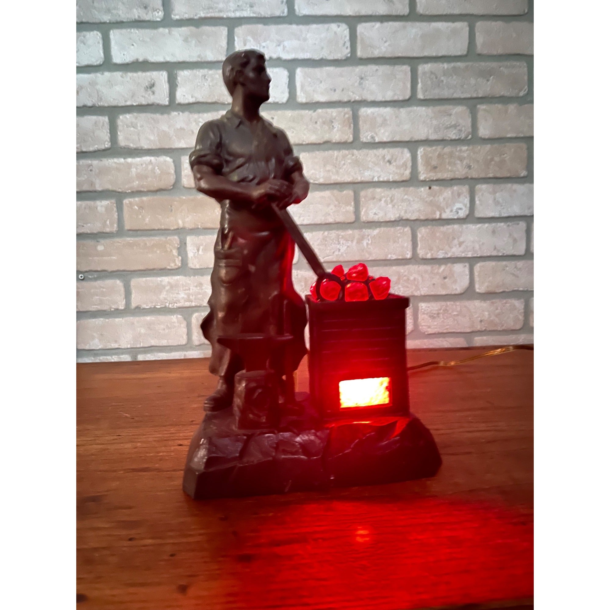 Antique German Spelter Blacksmith Figural Electric Lamp Glowing Forge c.1910