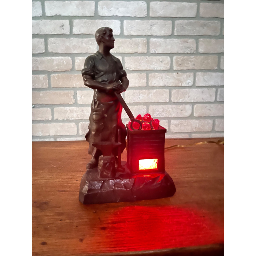 Antique German Spelter Blacksmith Figural Electric Lamp Glowing Forge c.1910