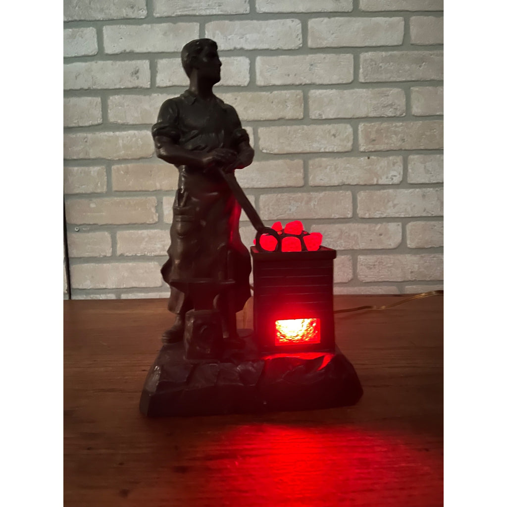 Antique German Spelter Blacksmith Figural Electric Lamp Glowing Forge c.1910