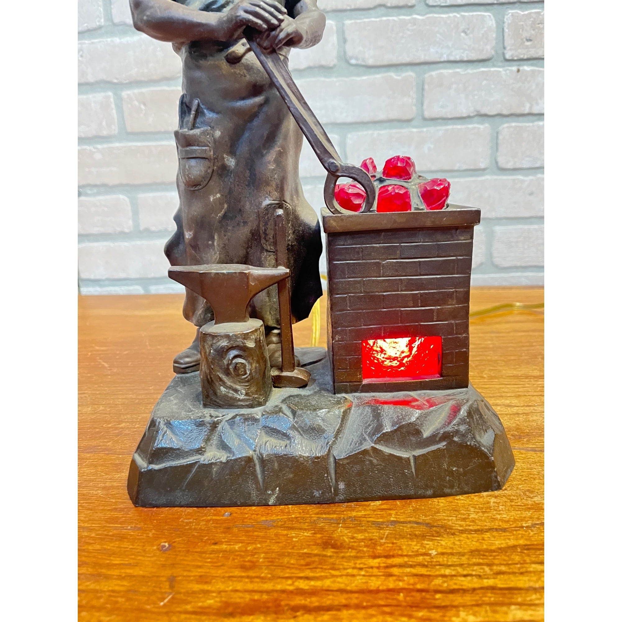 Antique German Spelter Blacksmith Figural Electric Lamp Glowing Forge c.1910