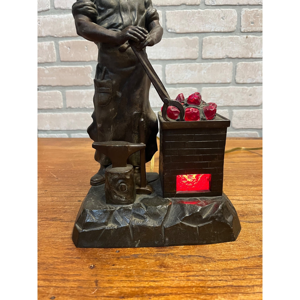 Antique German Spelter Blacksmith Figural Electric Lamp Glowing Forge c.1910