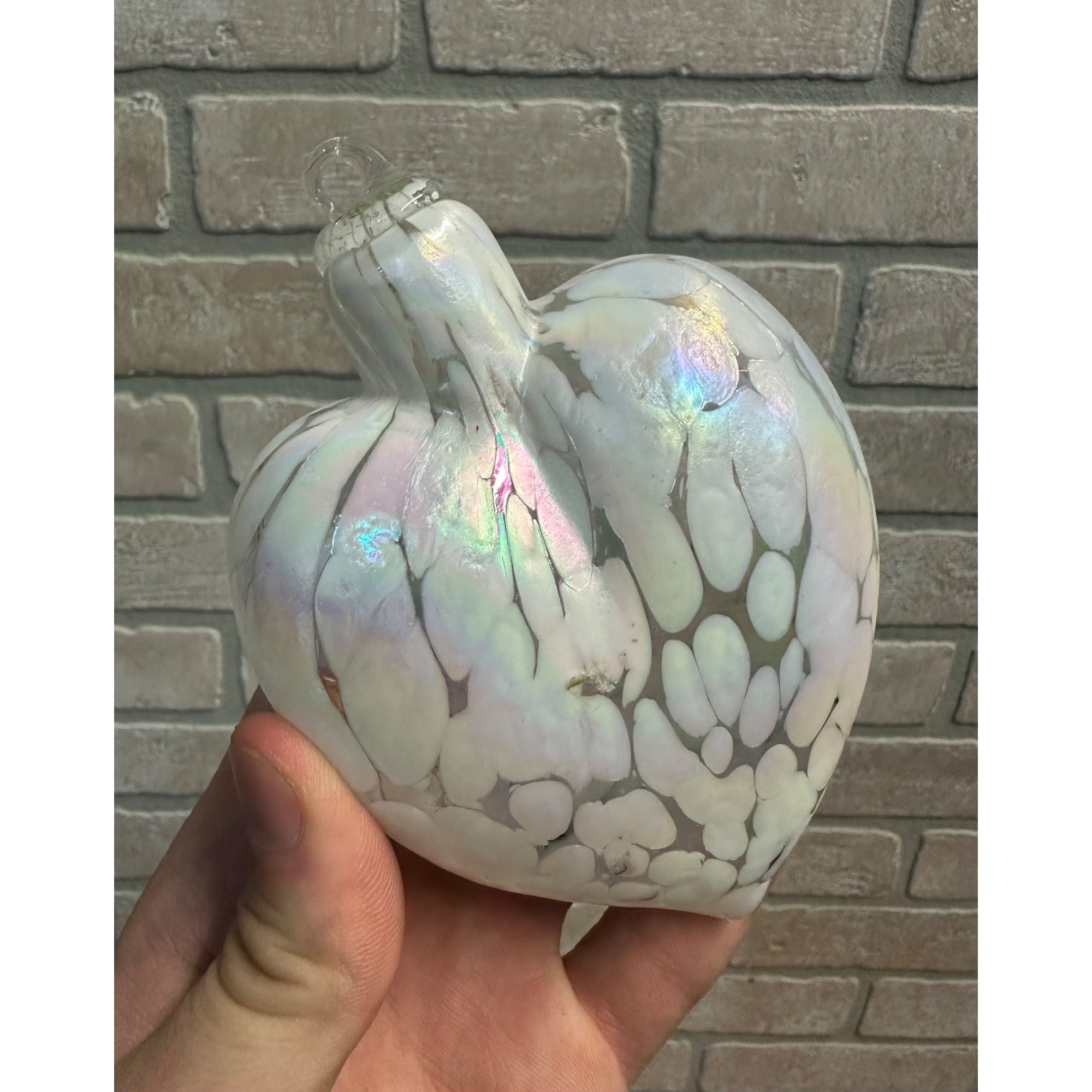 Art Glass Hand Blown Pink and White iridescent Heart Shaped Ornament Suncatcher