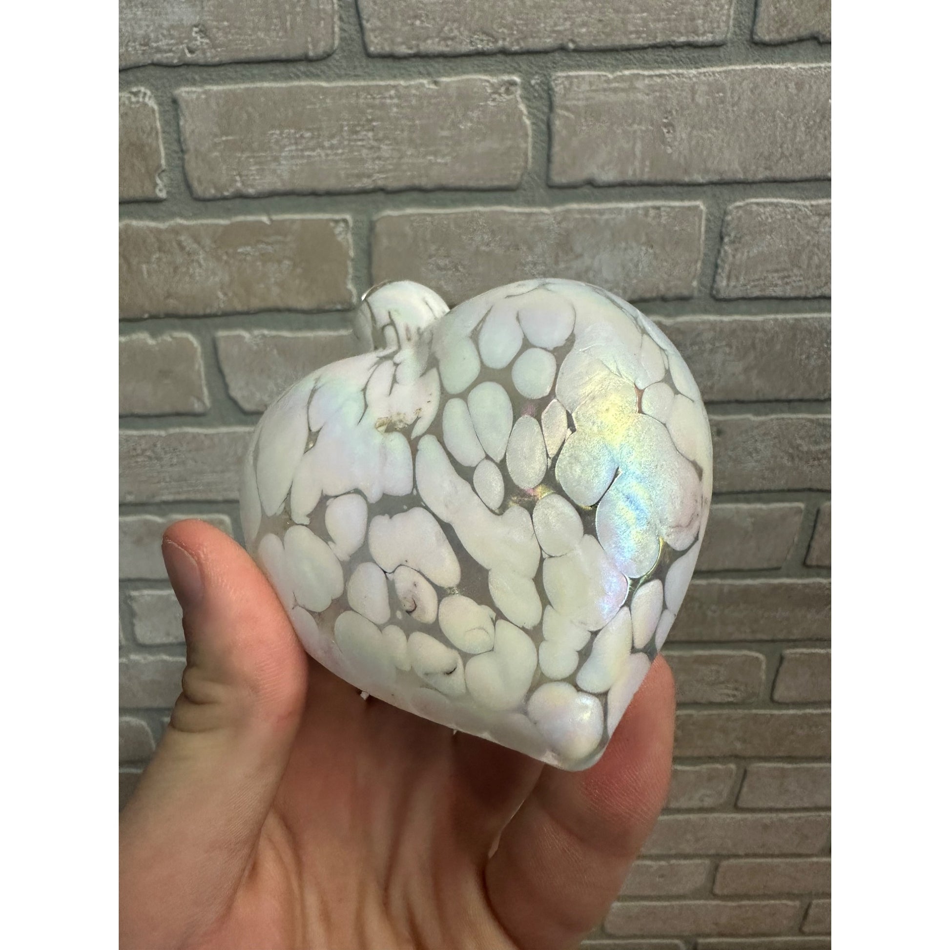 Art Glass Hand Blown Pink and White iridescent Heart Shaped Ornament Suncatcher