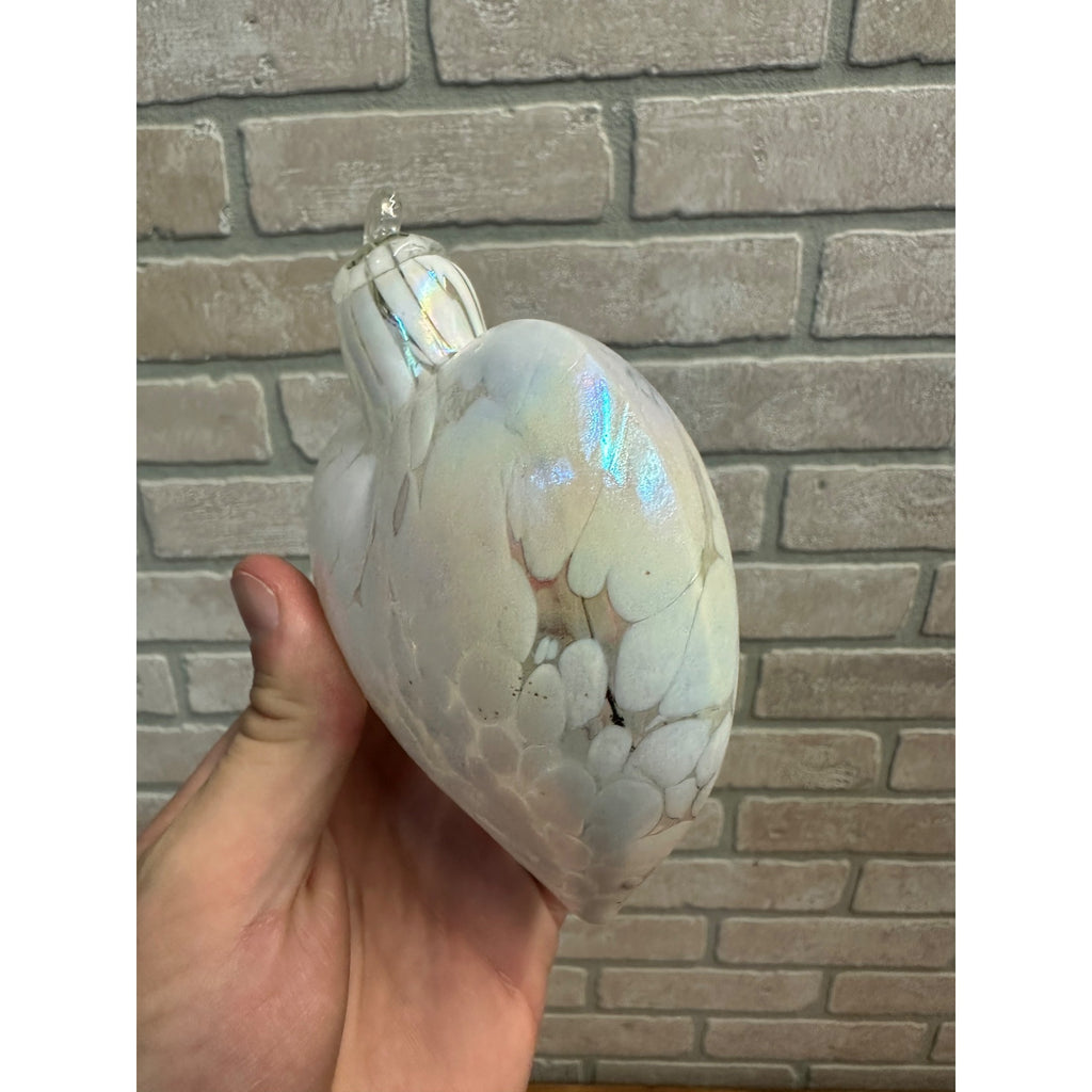 Art Glass Hand Blown Pink and White iridescent Heart Shaped Ornament Suncatcher