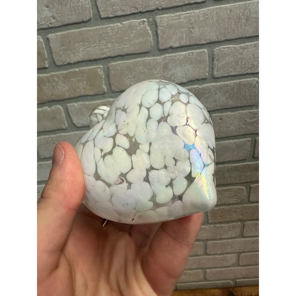 Art Glass Hand Blown Pink and White iridescent Heart Shaped Ornament Suncatcher