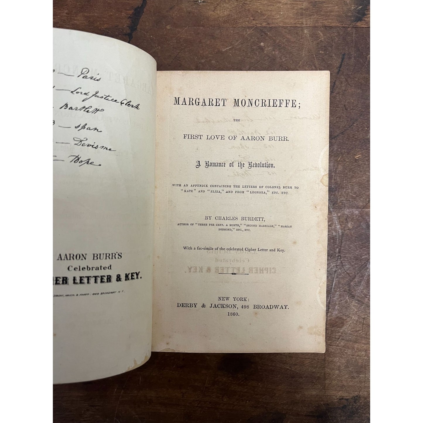 Antique 1860 Margaret Moncrieff: First Love of Aaron Burr Hardcover Book Rebound