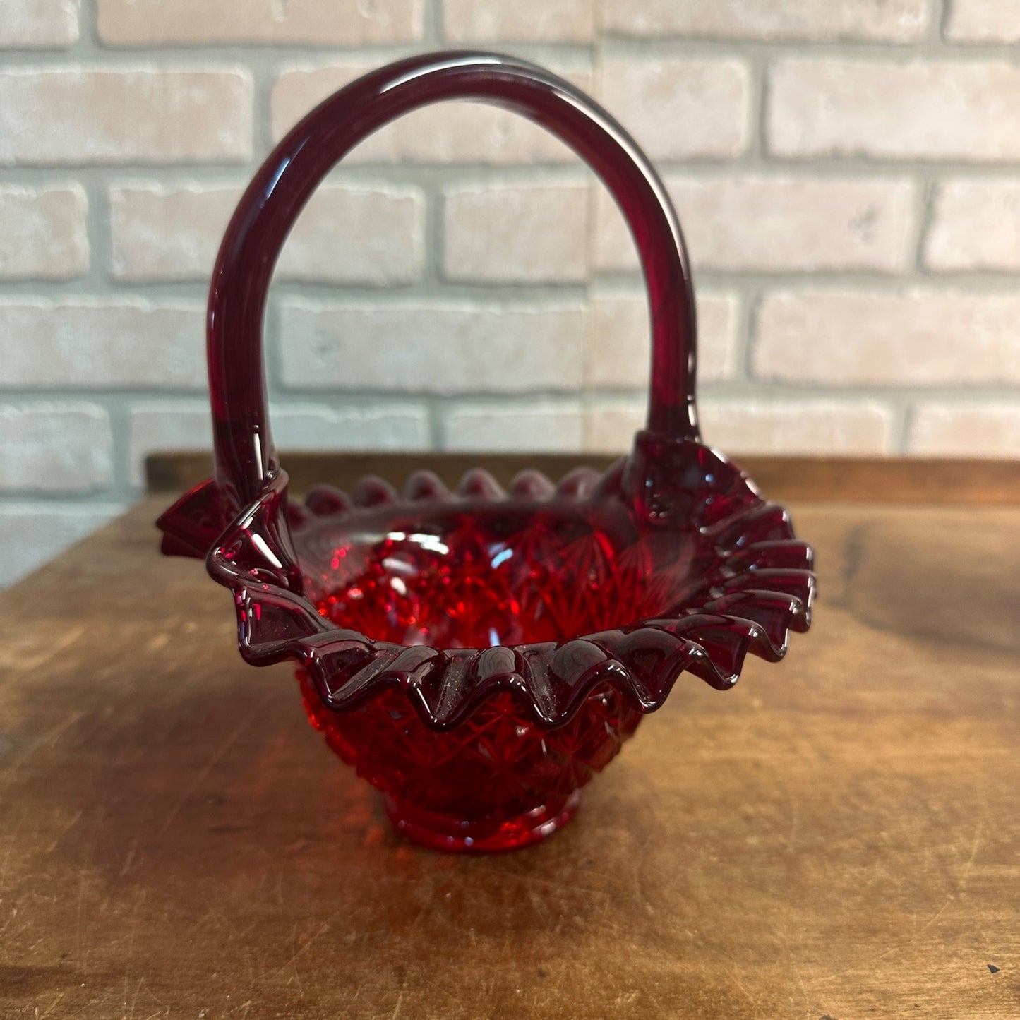 Vintage Fenton Ruby Red Amerina Brides Basket Bowl Signed