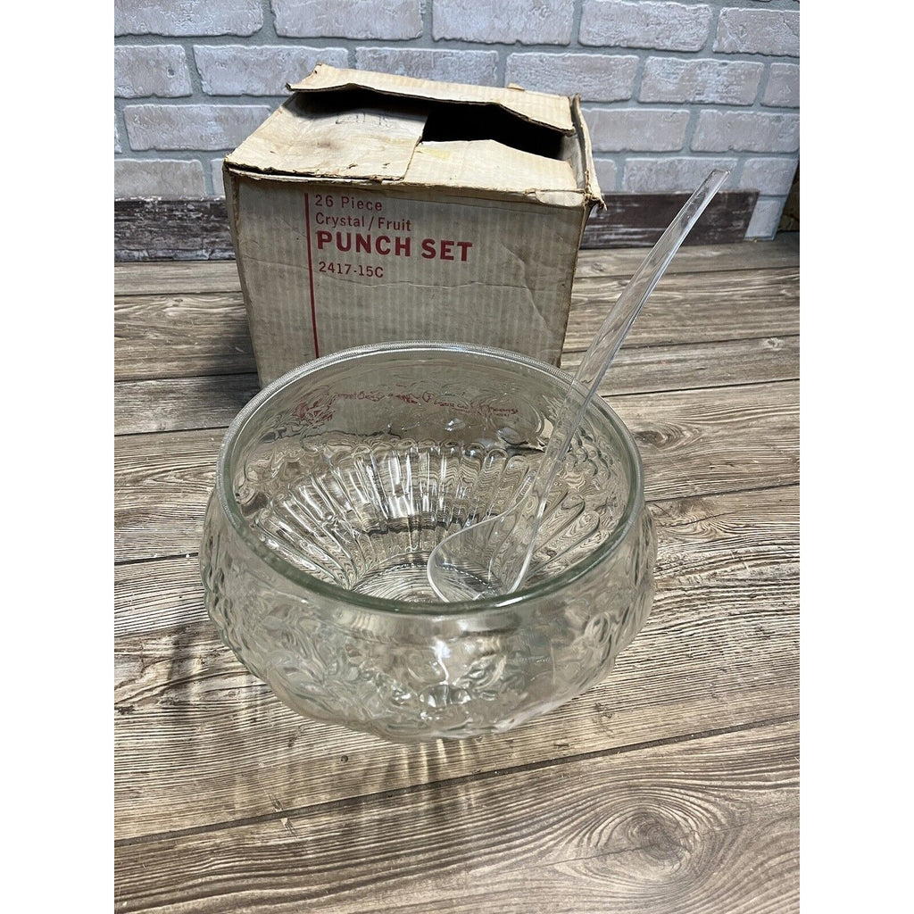 Vintage 26pc Jeannette Glass Crystal Fruit Design Punch Bowl Set  New w/ Box