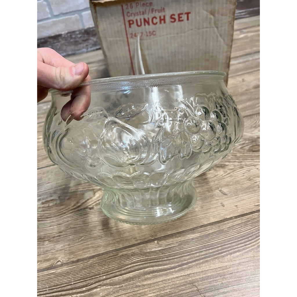 Vintage 26pc Jeannette Glass Crystal Fruit Design Punch Bowl Set  New w/ Box