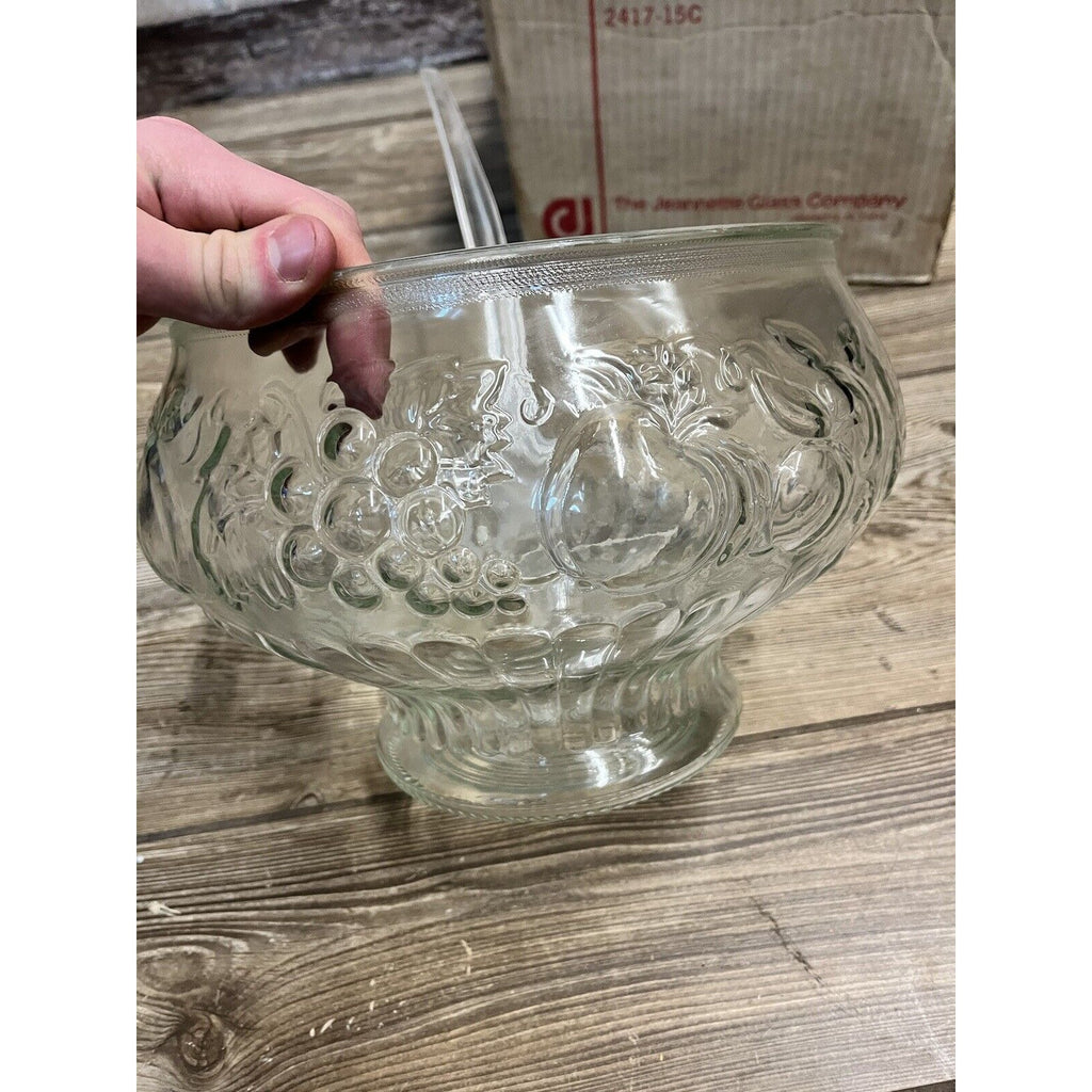 Vintage 26pc Jeannette Glass Crystal Fruit Design Punch Bowl Set  New w/ Box