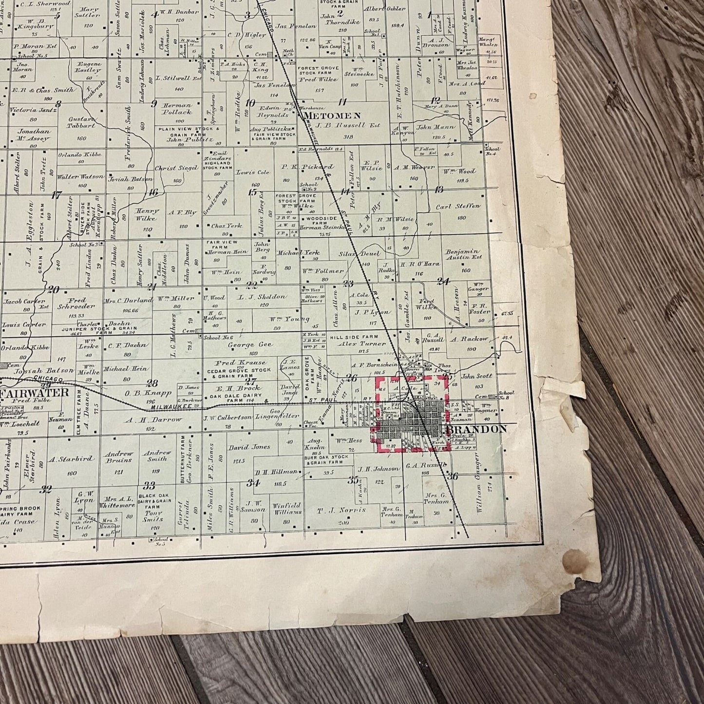 Antique 1893 Metomen Brandon Wisconsin Wis Plat Map Township