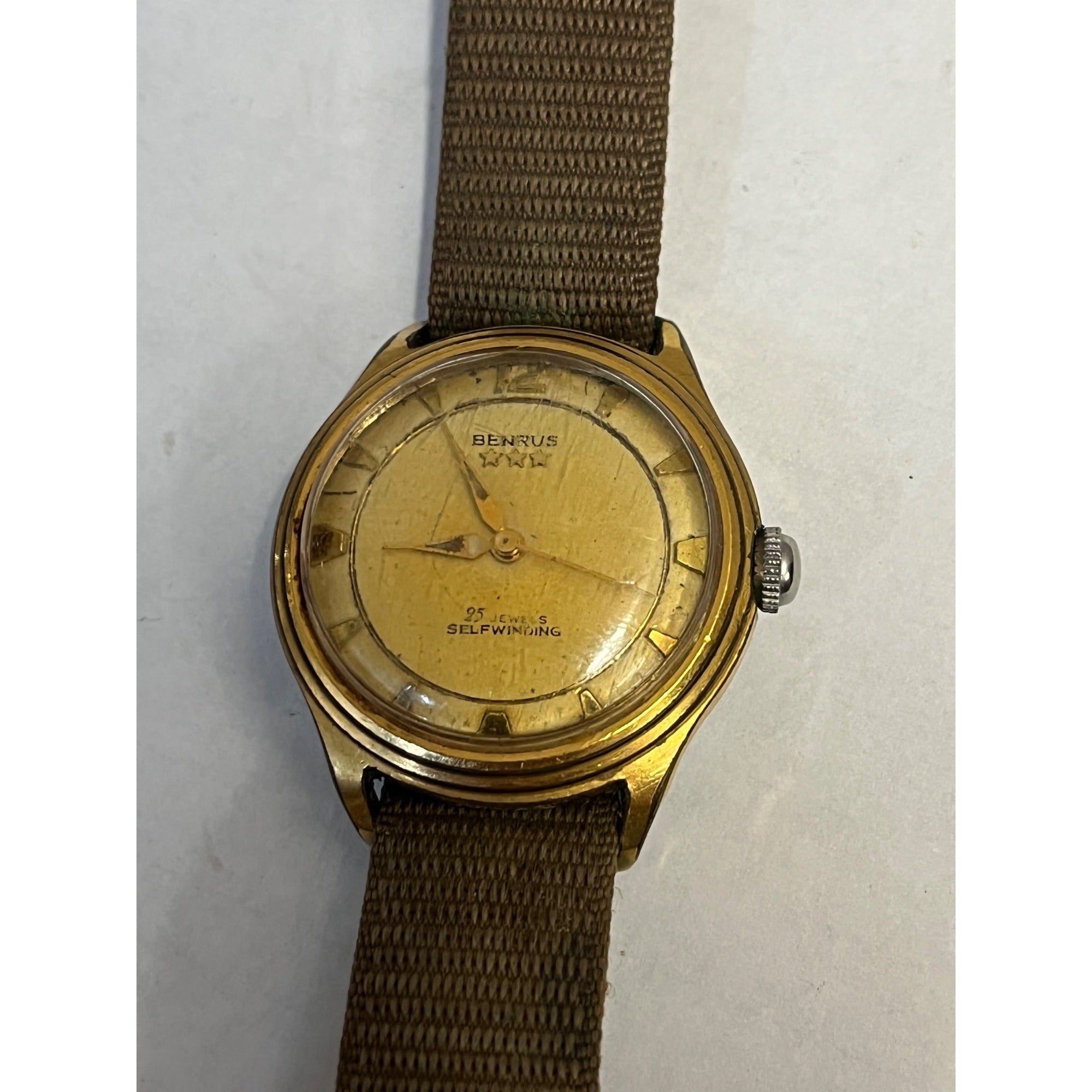 Vintage Benrus 25 Jewel Self Winding Men's Wrist Watch 3 Star Gold-Tone Running