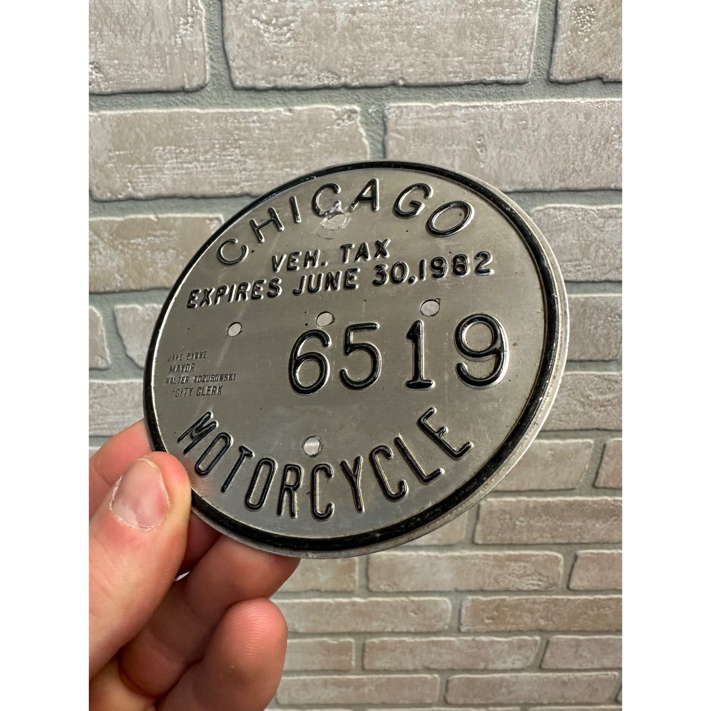 Vintage 1982 Chicago Motorcycle Vehicle Tax Tag Embossed Sign