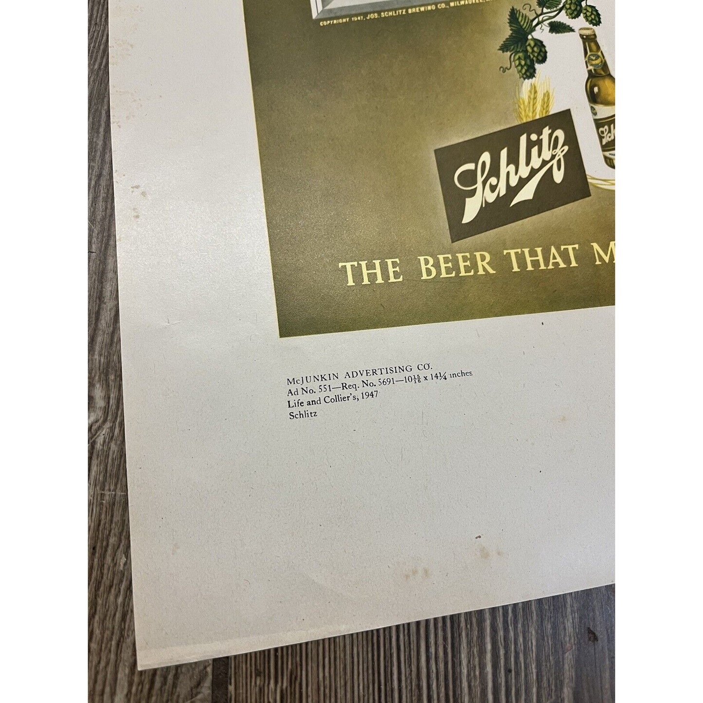RARE Vintage 1947 Schlitz Milwaukee Beer Original Advertisement PROOF Ad Sign
