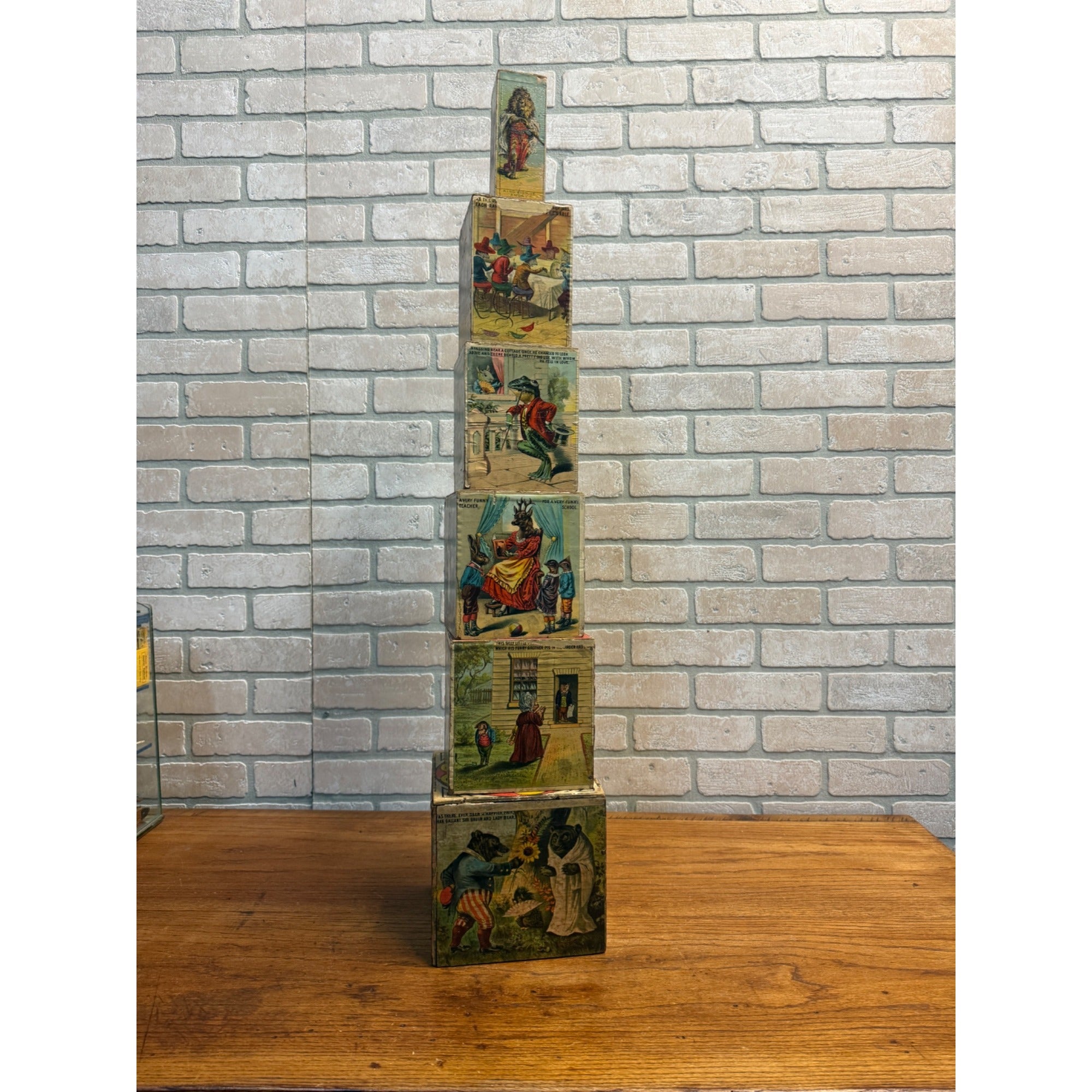 Antique 1880s Victorian Paper Litho Wood Stackable Child's Toy Blocks Fairy Tales