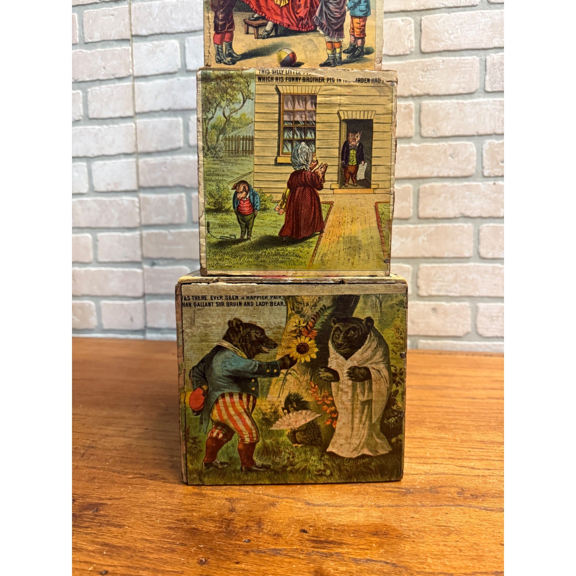 Antique 1880s Victorian Paper Litho Wood Stackable Child's Toy Blocks Fairy Tales