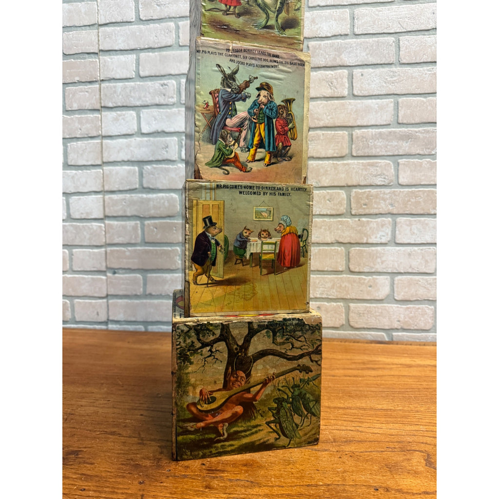 Antique 1880s Victorian Paper Litho Wood Stackable Child's Toy Blocks Fairy Tales