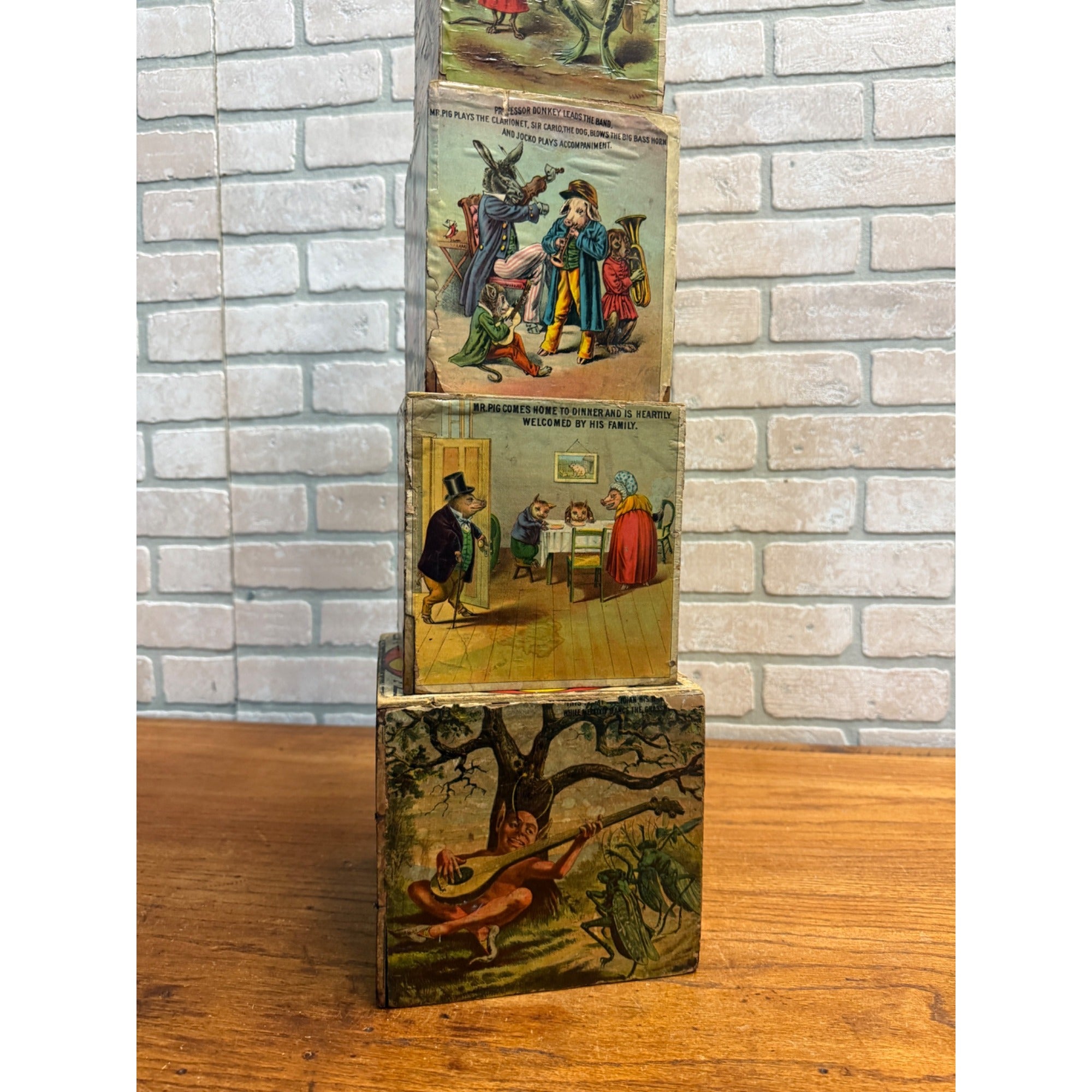 Antique 1880s Victorian Paper Litho Wood Stackable Child's Toy Blocks Fairy Tales
