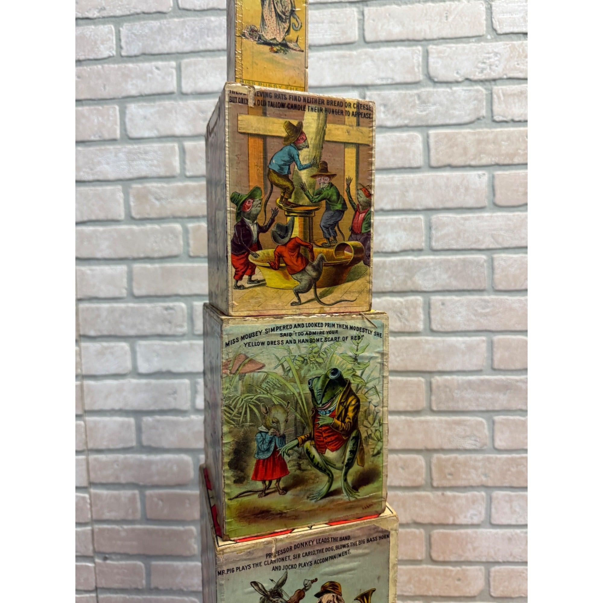 Antique 1880s Victorian Paper Litho Wood Stackable Child's Toy Blocks Fairy Tales