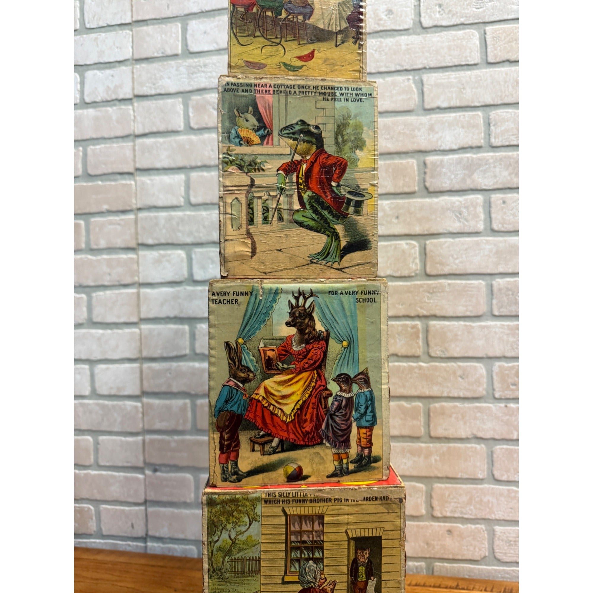 Antique 1880s Victorian Paper Litho Wood Stackable Child's Toy Blocks Fairy Tales
