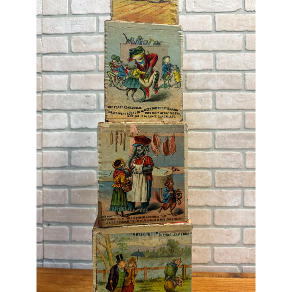 Antique 1880s Victorian Paper Litho Wood Stackable Child's Toy Blocks Fairy Tales