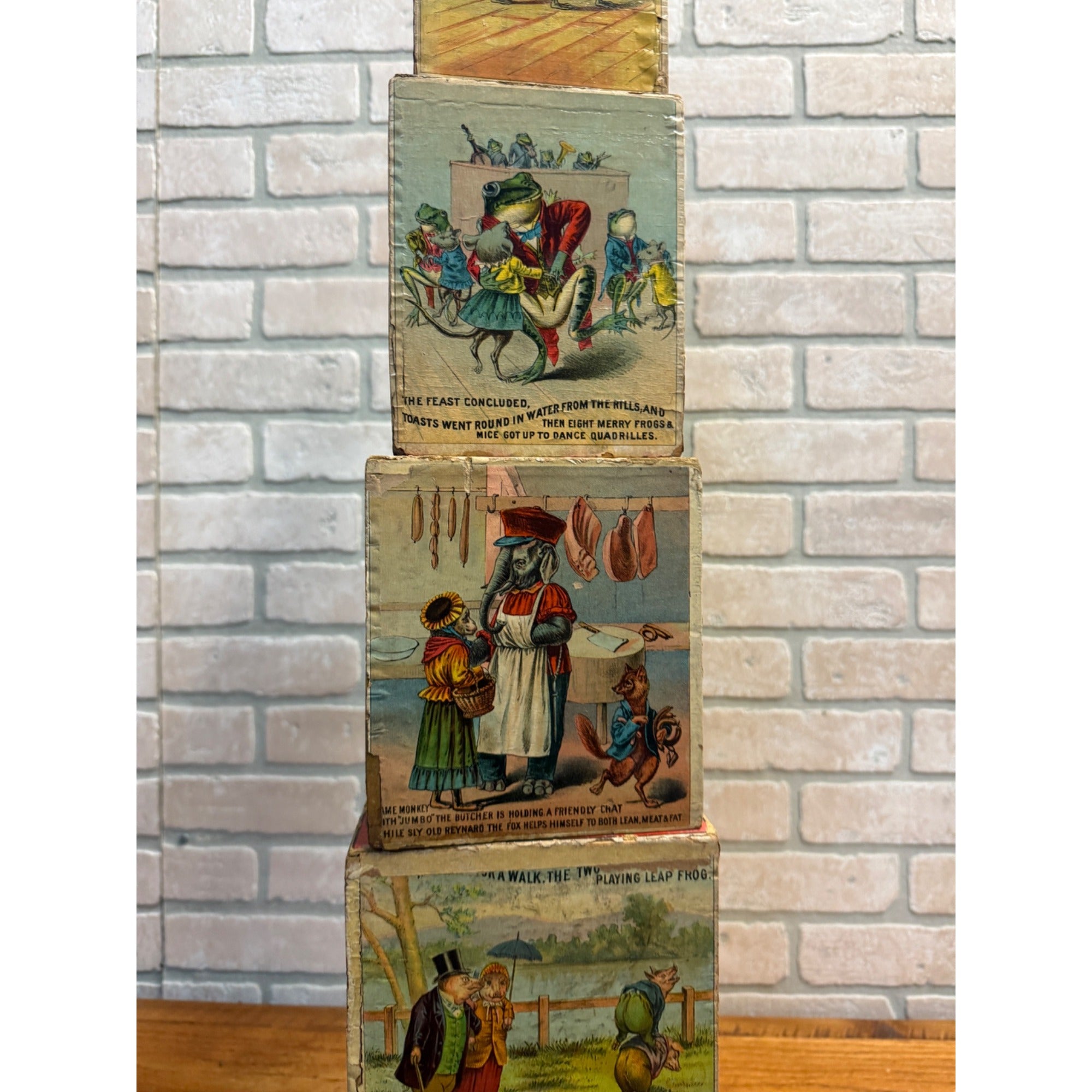 Antique 1880s Victorian Paper Litho Wood Stackable Child's Toy Blocks Fairy Tales