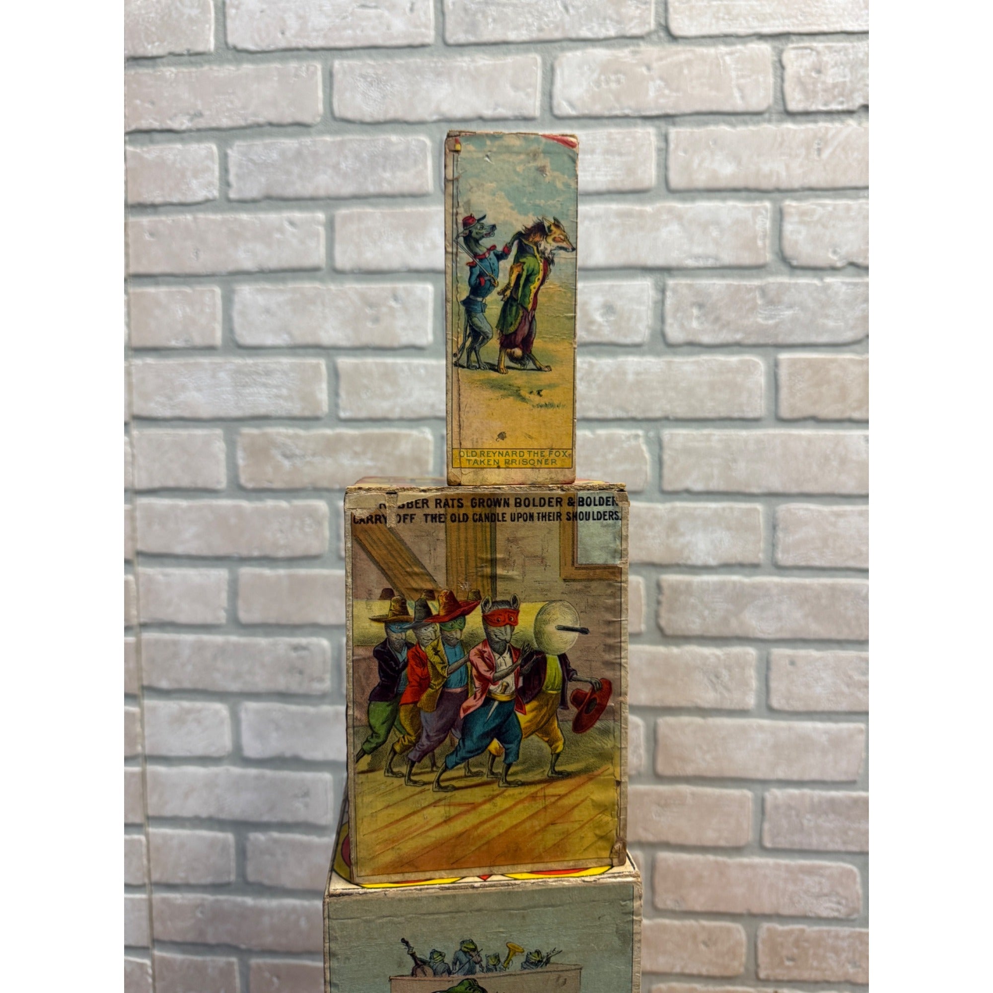 Antique 1880s Victorian Paper Litho Wood Stackable Child's Toy Blocks Fairy Tales