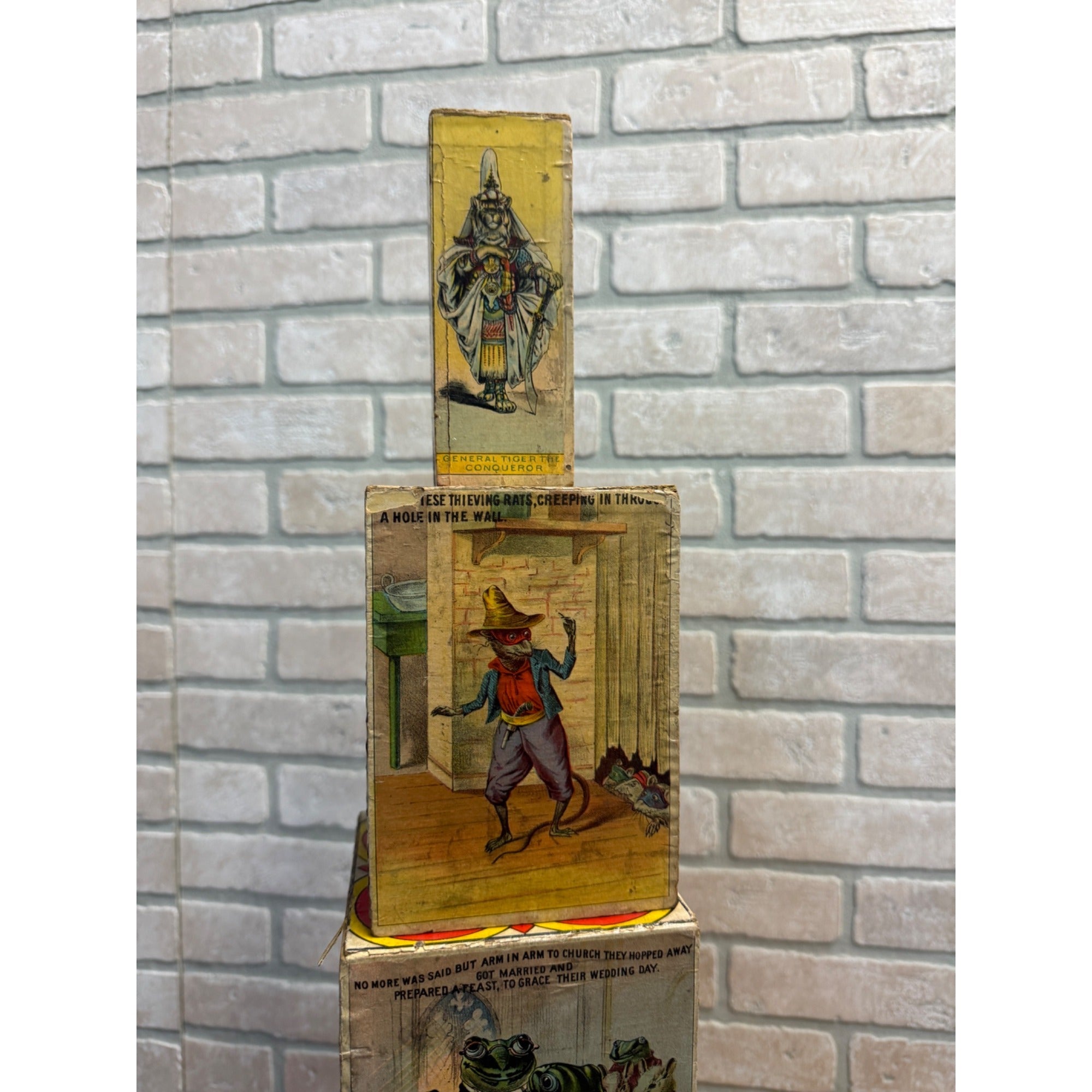 Antique 1880s Victorian Paper Litho Wood Stackable Child's Toy Blocks Fairy Tales