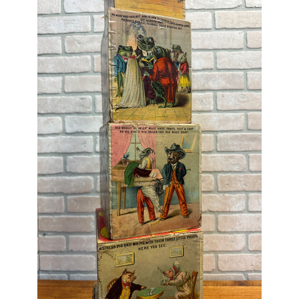 Antique 1880s Victorian Paper Litho Wood Stackable Child's Toy Blocks Fairy Tales