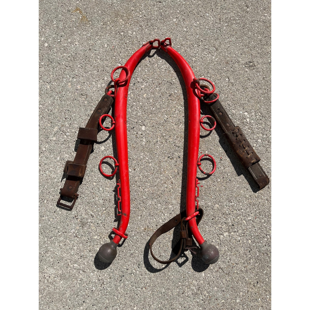 Antique Steel Horse Hames Red with Brass Ball Knobs Old Farm Equestrian 27" Pair