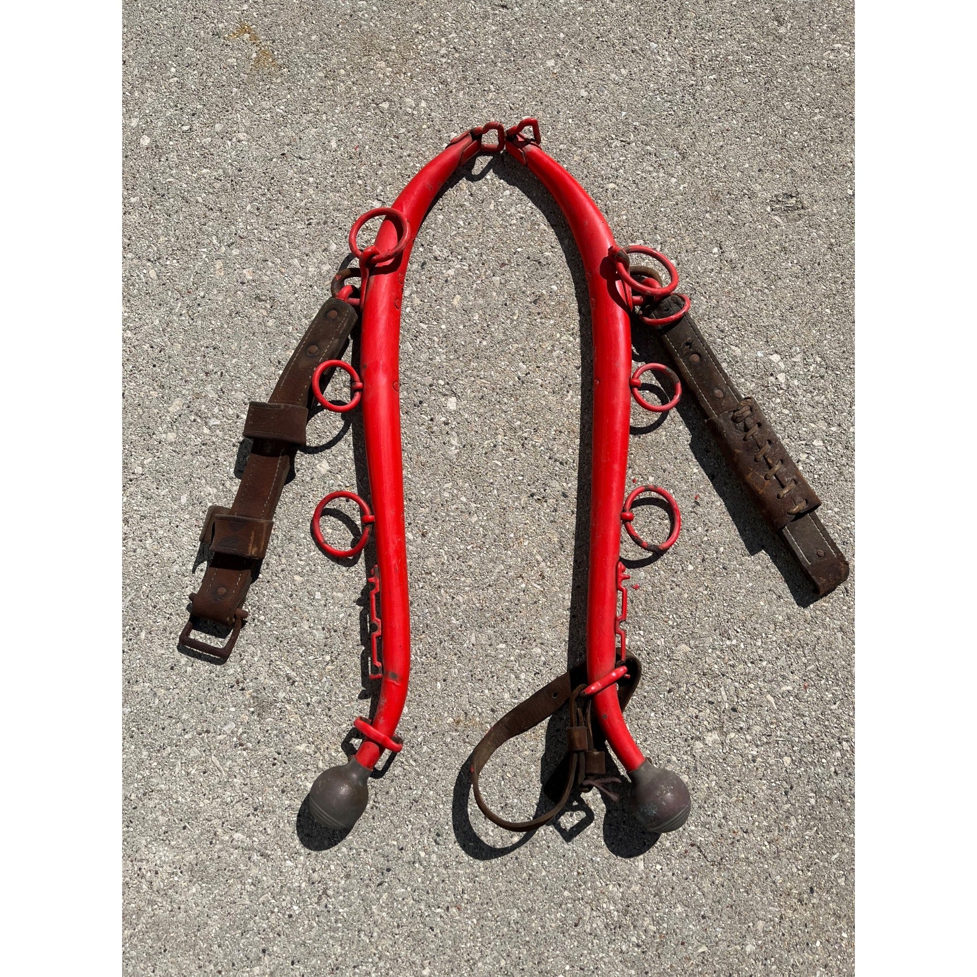 Antique Steel Horse Hames Red with Brass Ball Knobs Old Farm Equestrian 27" Pair