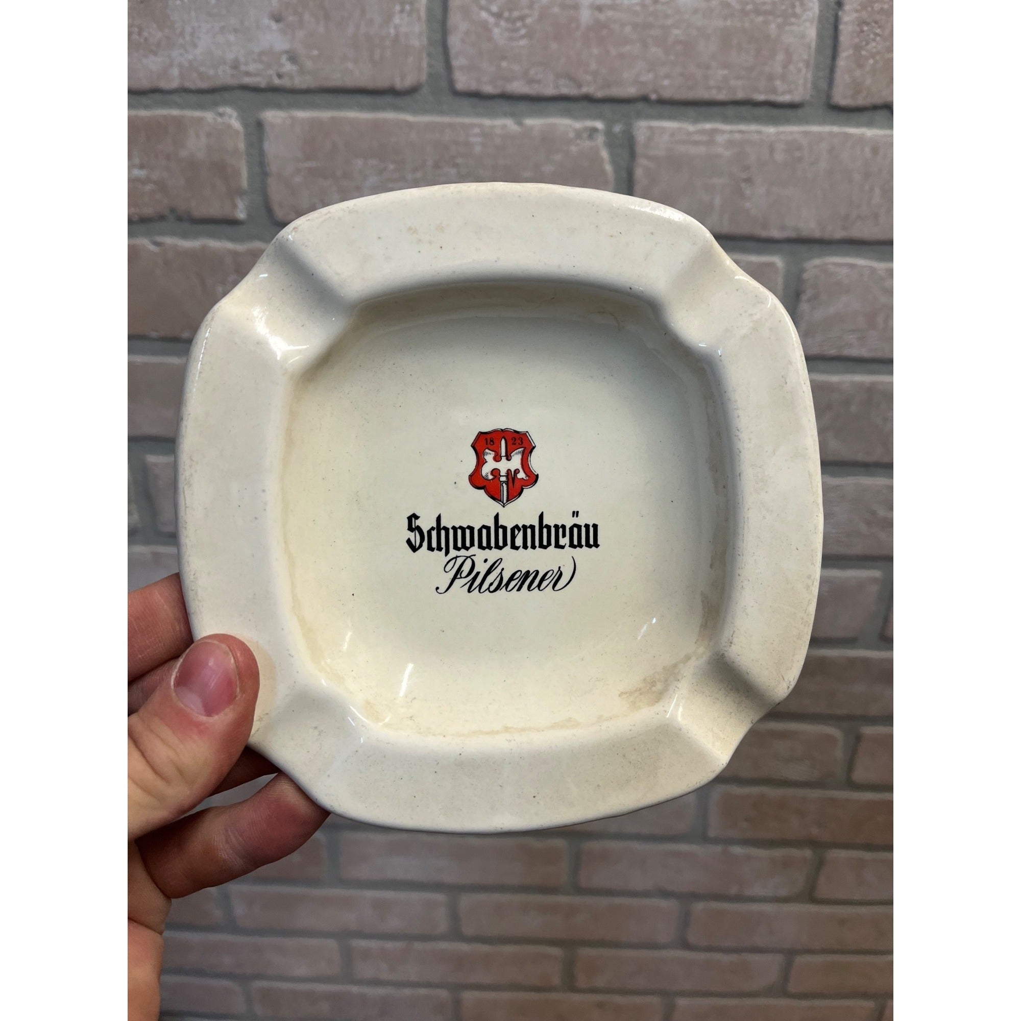 Vintage Schwabenbrau Pilsner Beer Enamel Ashtray Germany German Advertising
