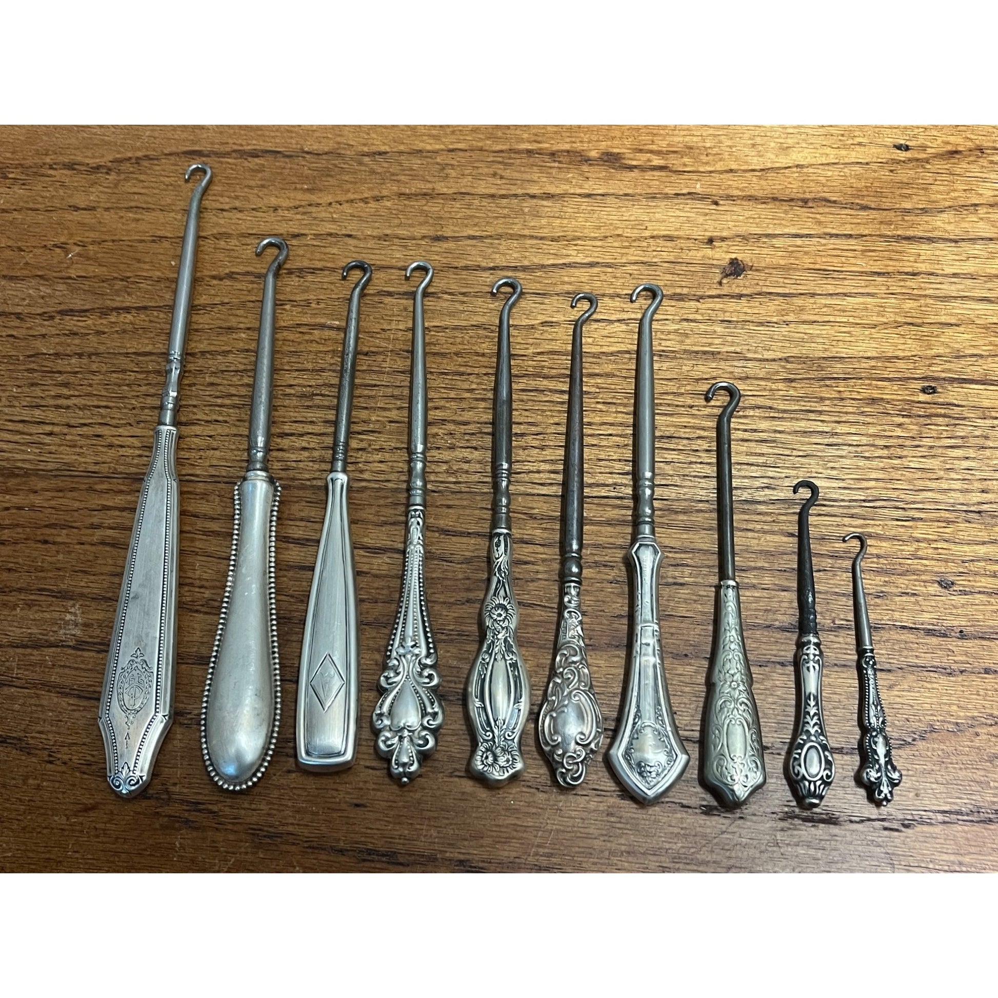 Vintage Huge Lot (10) Victorian STERLING SILVER Shoe Button Hooks Ornate