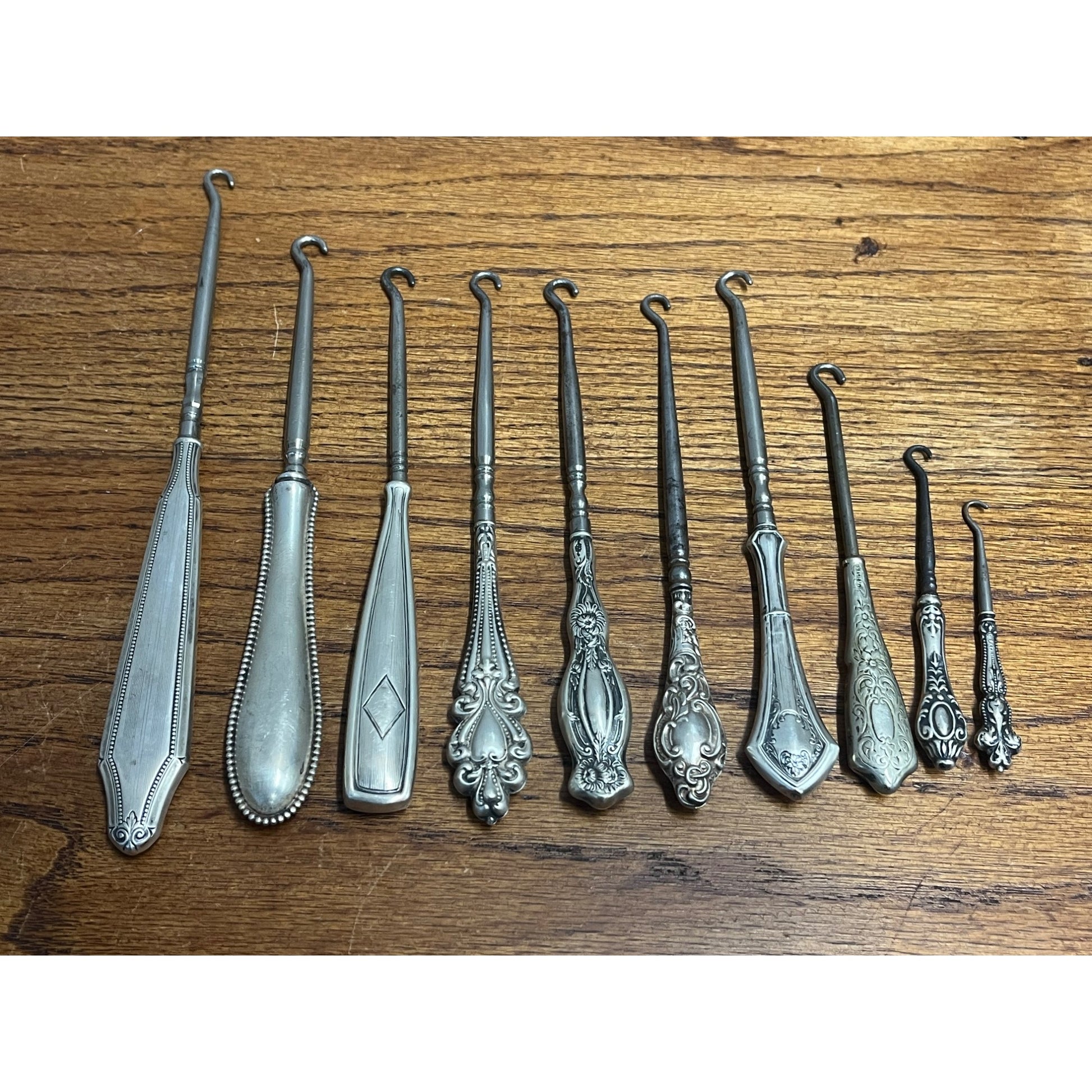 Vintage Huge Lot (10) Victorian STERLING SILVER Shoe Button Hooks Ornate