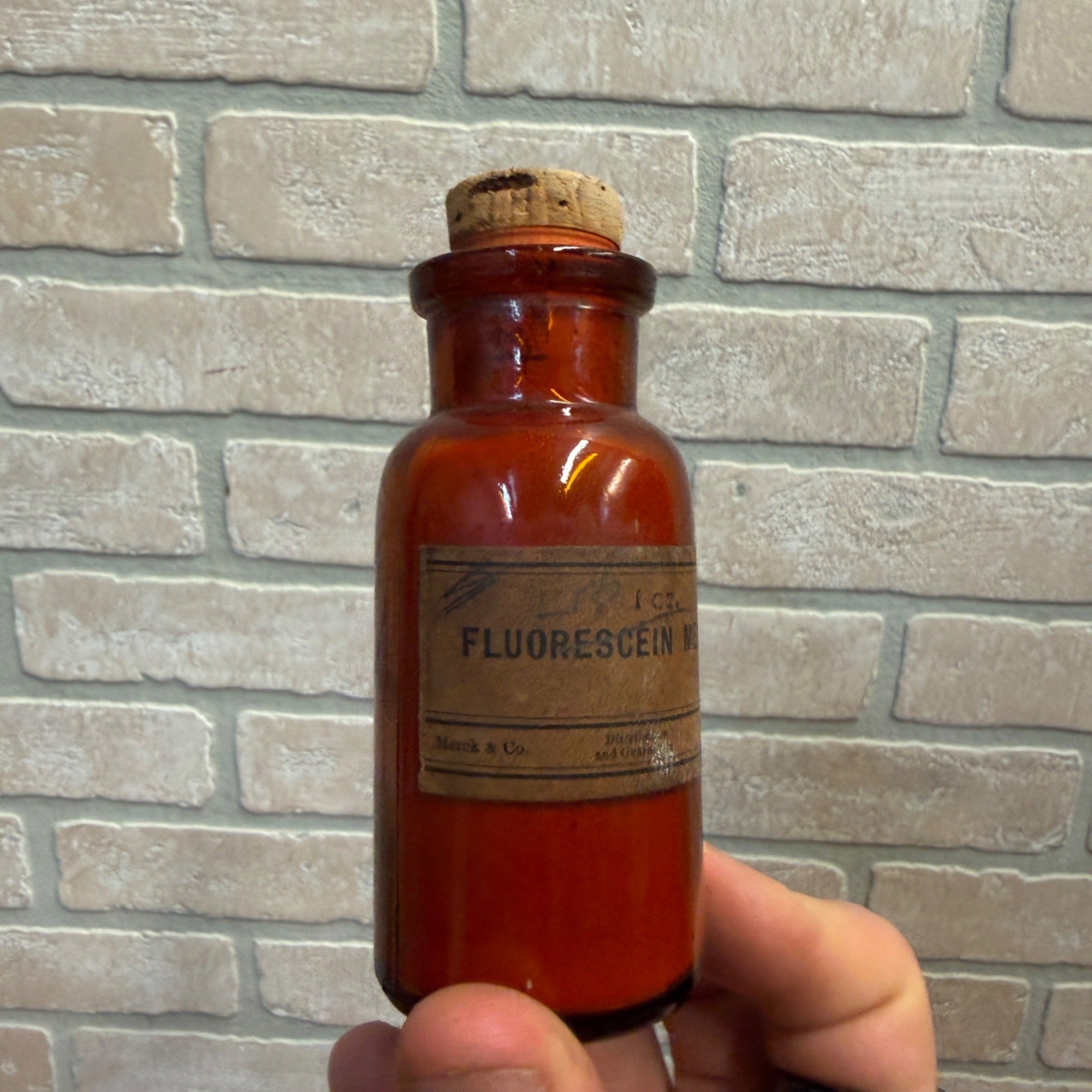 Vintage Amber Glass Bottle With Cork Stopper One Ounce Fluorescein By Merck Apothecary Pharmacy