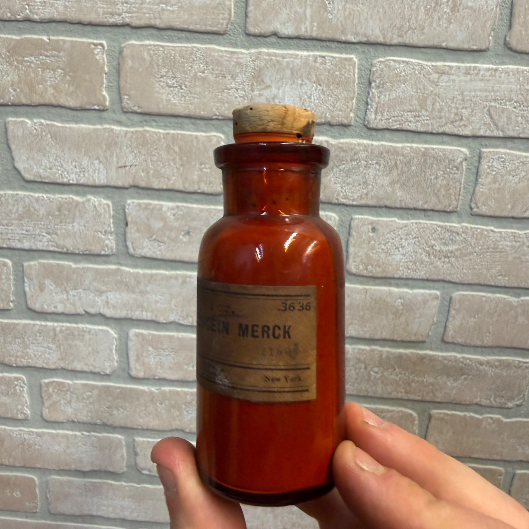 Vintage Amber Glass Bottle With Cork Stopper One Ounce Fluorescein By Merck Apothecary Pharmacy