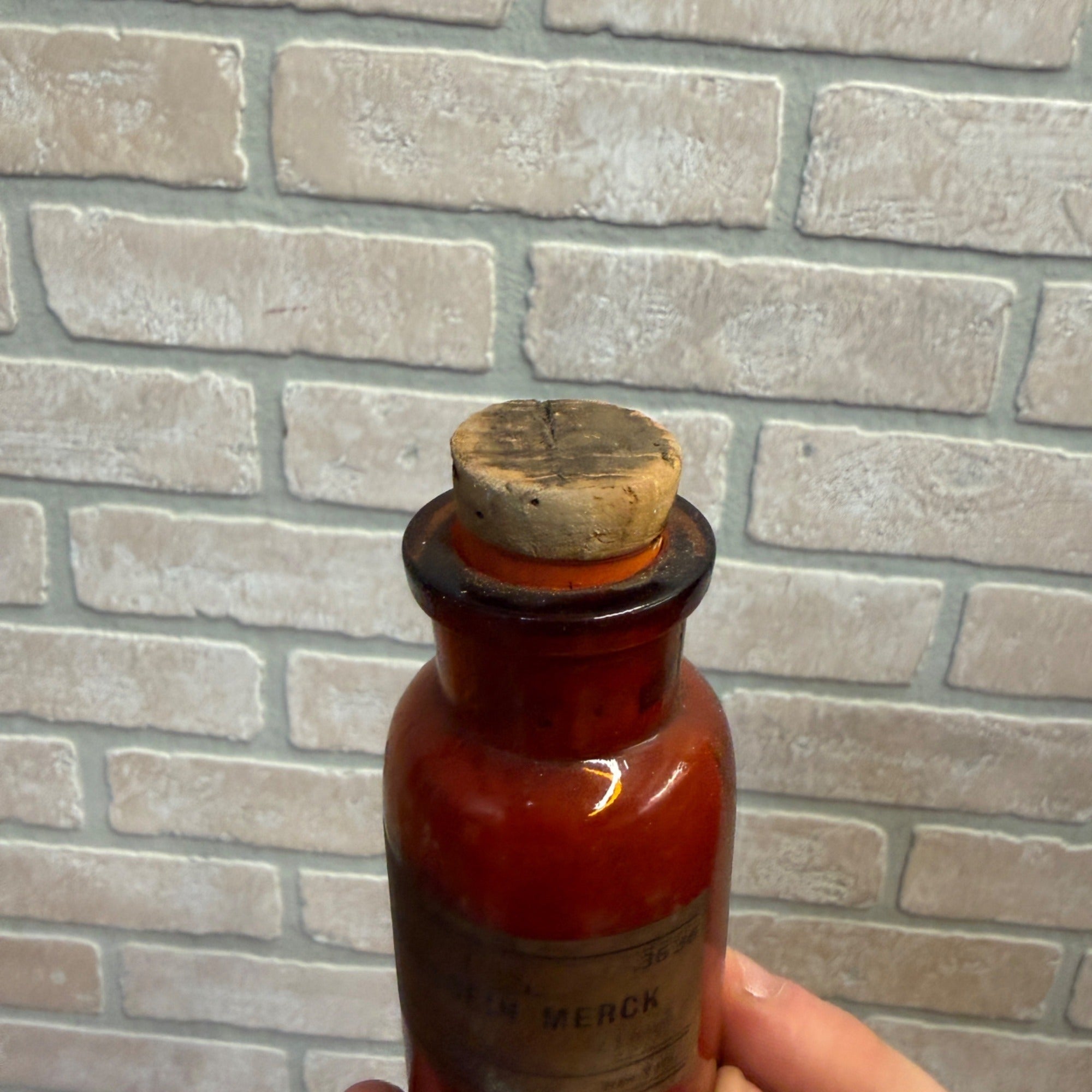 Vintage Amber Glass Bottle With Cork Stopper One Ounce Fluorescein By Merck Apothecary Pharmacy