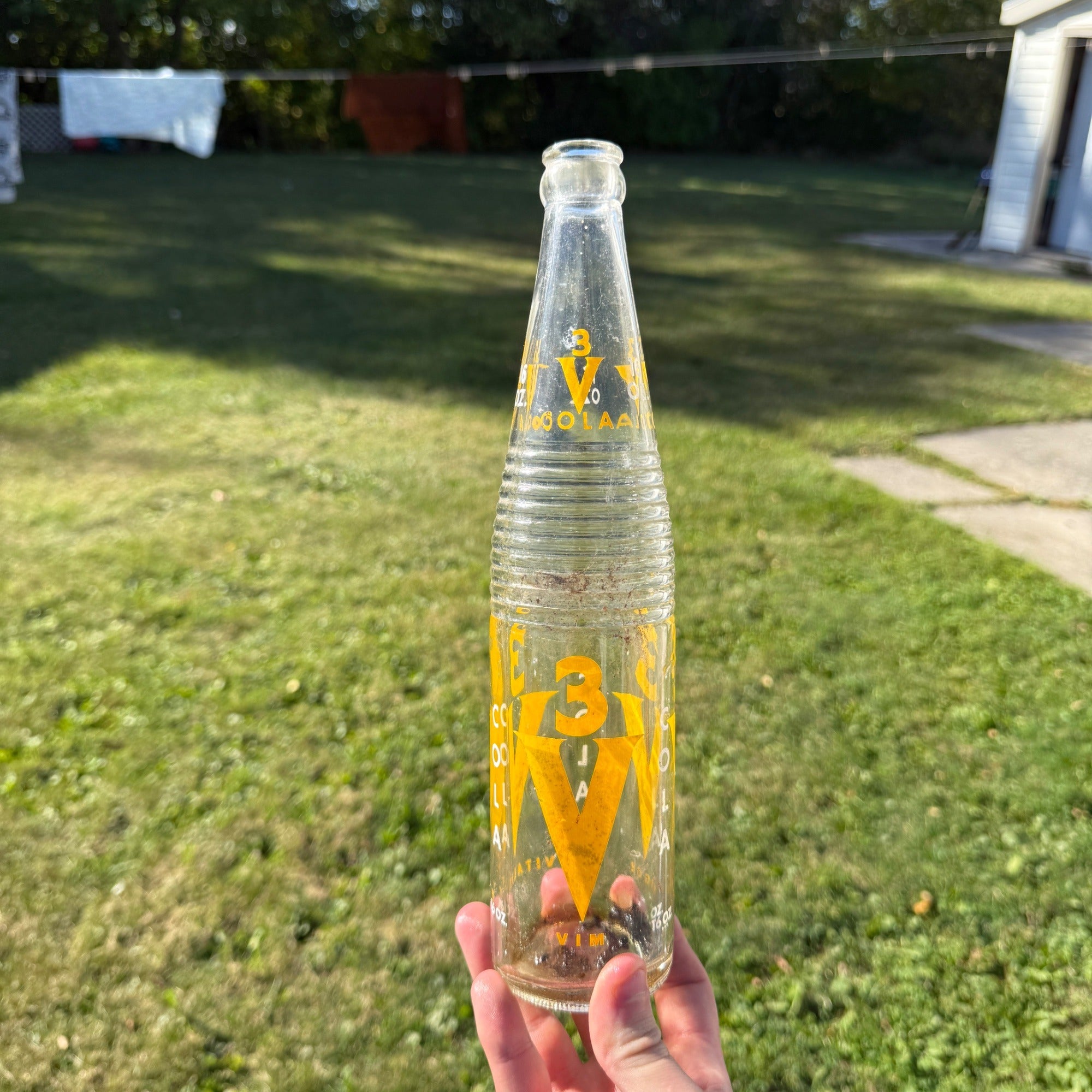 Vintage 3V 3-V Cola Soda Bottle ACL Yellow 16oz