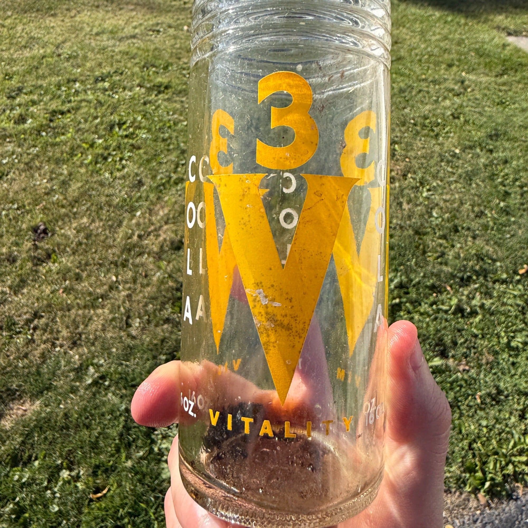 Vintage 3V 3-V Cola Soda Bottle ACL Yellow 16oz