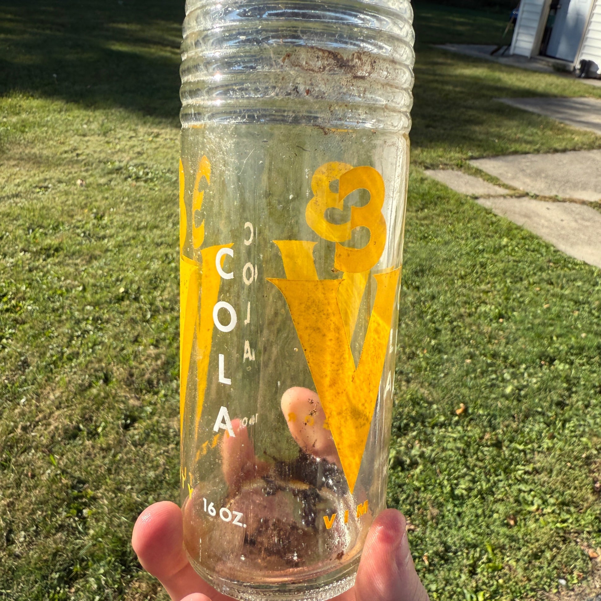 Vintage 3V 3-V Cola Soda Bottle ACL Yellow 16oz