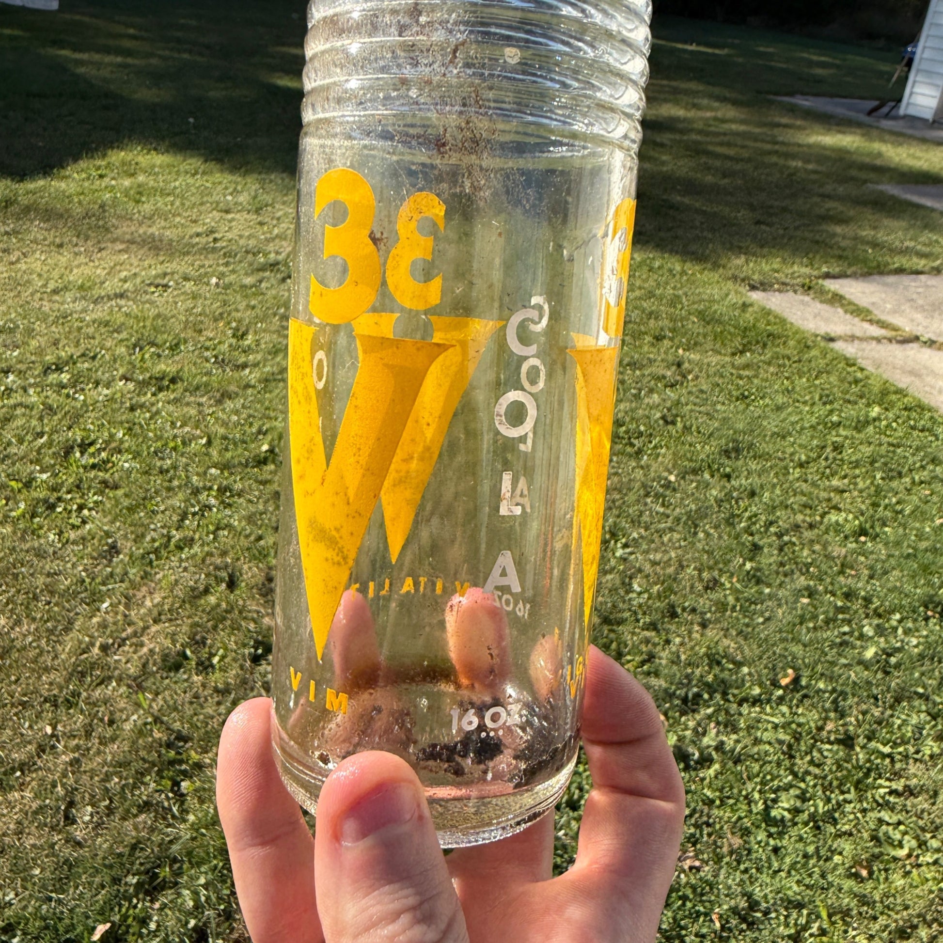 Vintage 3V 3-V Cola Soda Bottle ACL Yellow 16oz
