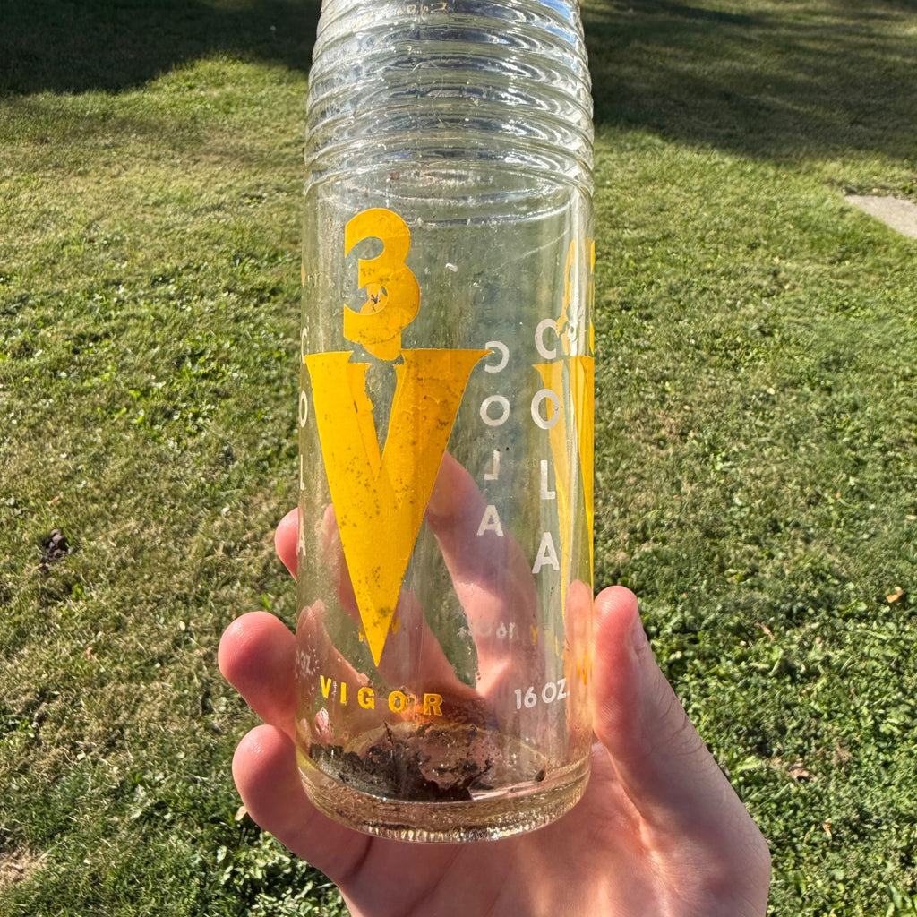 Vintage 3V 3-V Cola Soda Bottle ACL Yellow 16oz