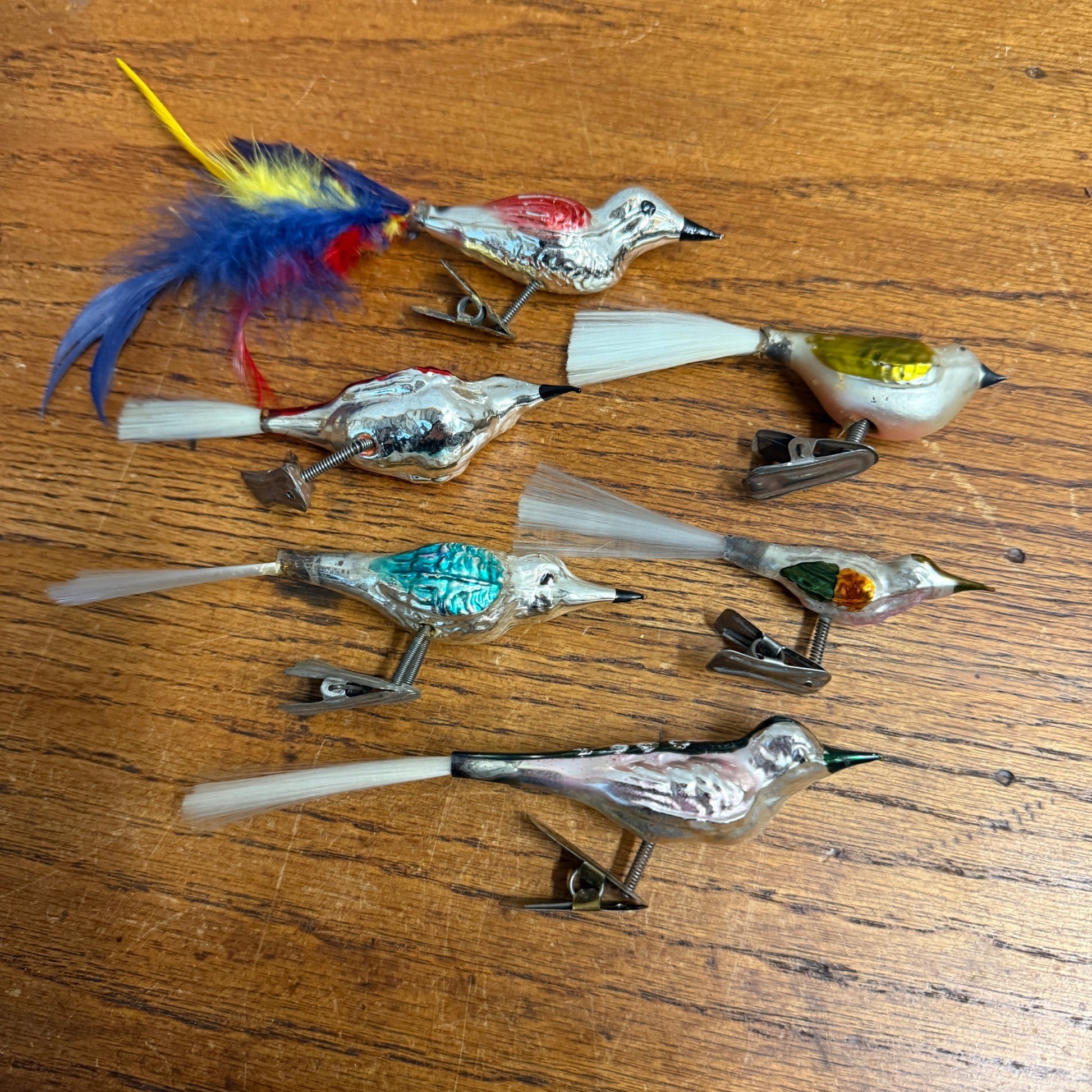 Vintage Mercury Glass Birds Clip-0n Ornament Set 6 White Spun Tail