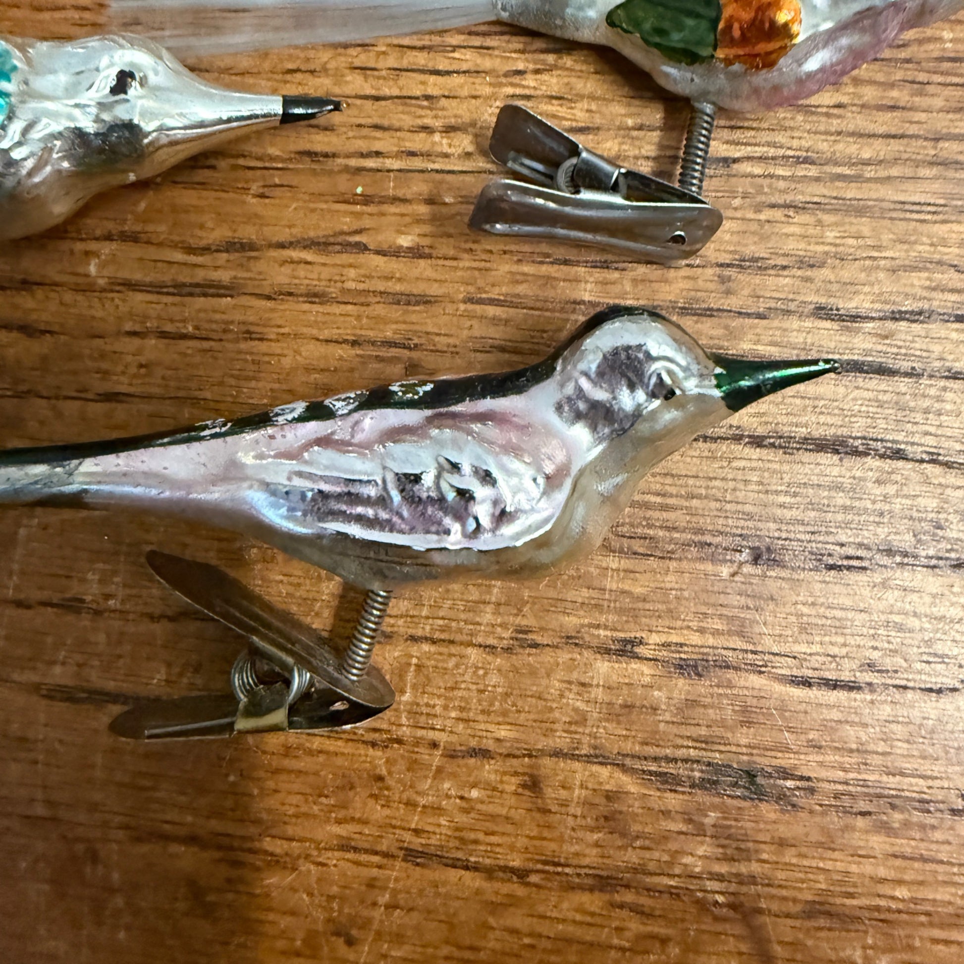 Vintage Mercury Glass Birds Clip-0n Ornament Set 6 White Spun Tail