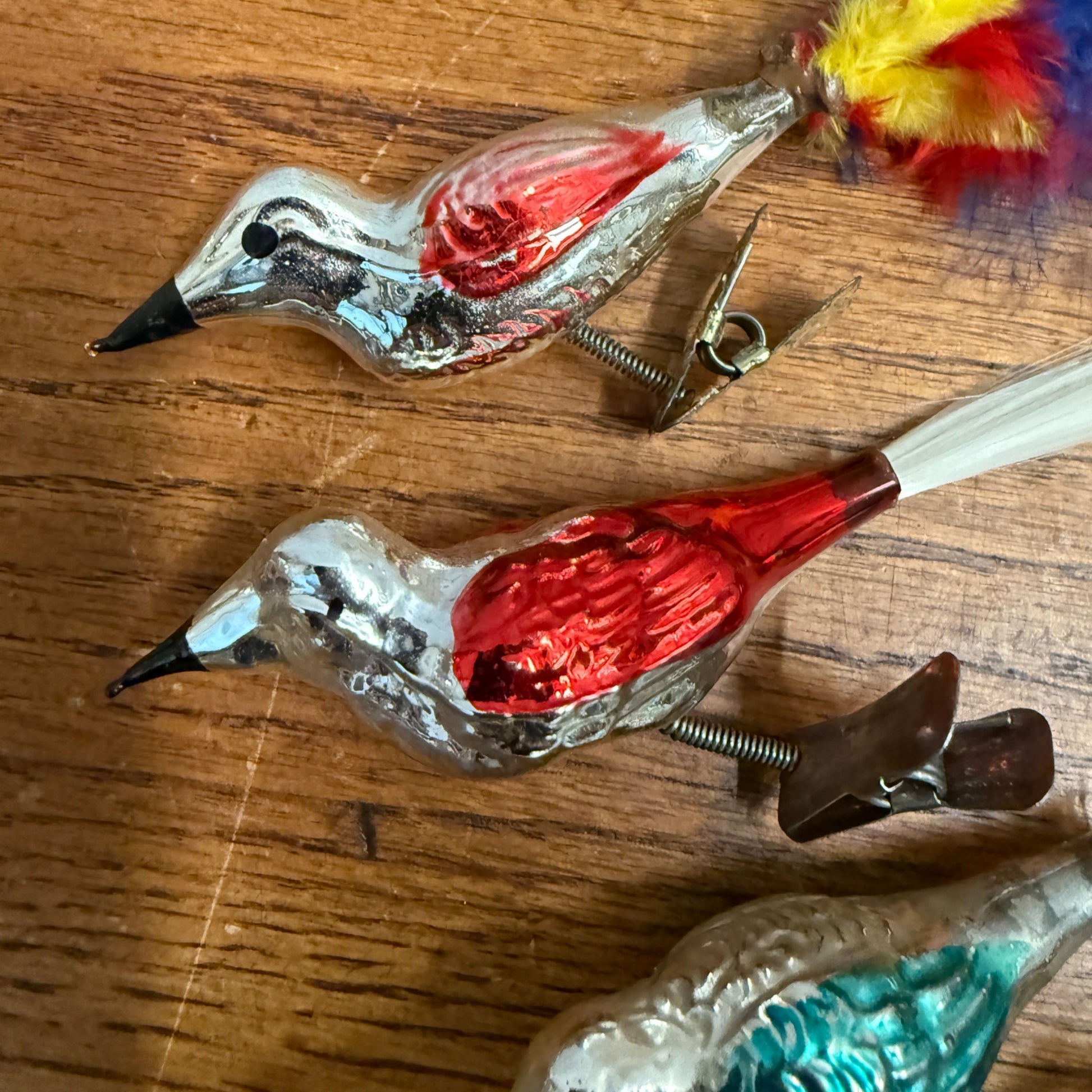 Vintage Mercury Glass Birds Clip-0n Ornament Set 6 White Spun Tail