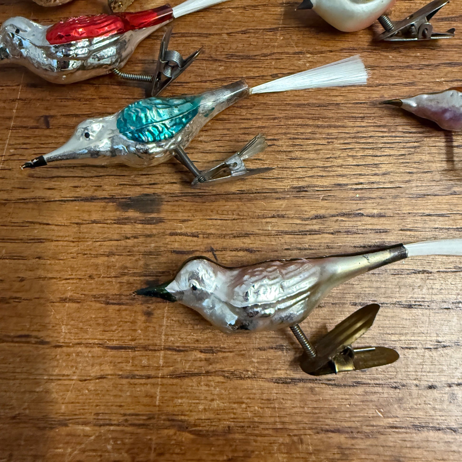 Vintage Mercury Glass Birds Clip-0n Ornament Set 6 White Spun Tail